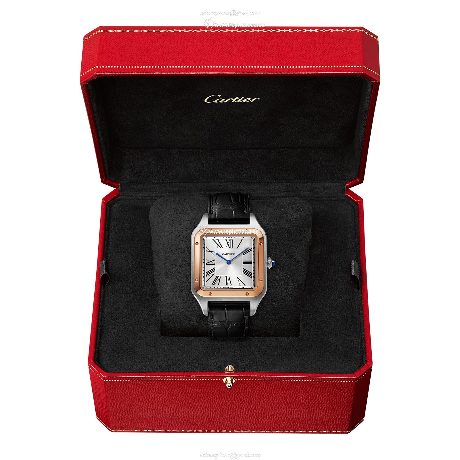 Replica Cartier Santos-Dumont details Extra-Large Model Hand-Wound Mechanical Movement Rose Gold Steel Leather W2SA0017