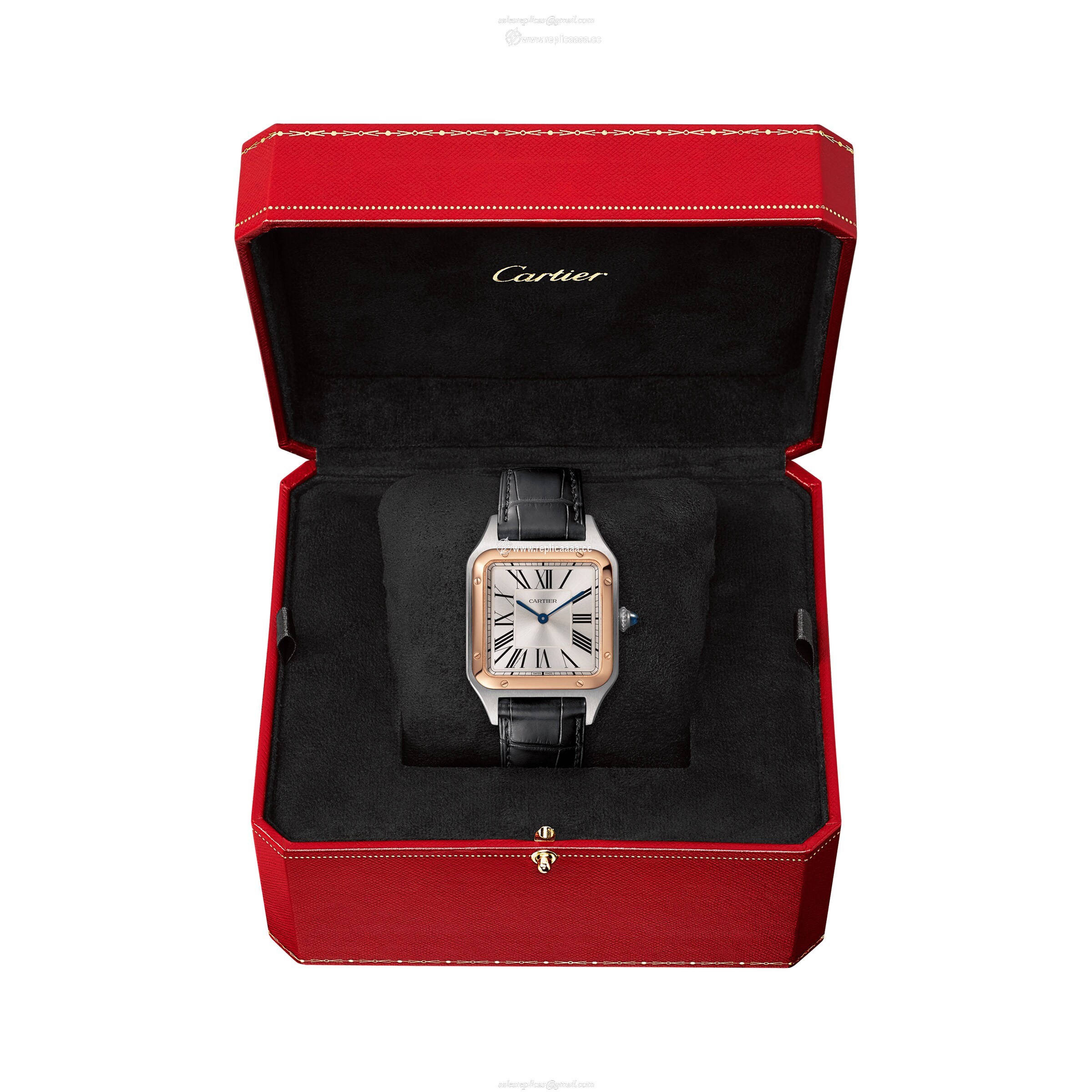 Replica Cartier Santos-Dumont details Large Model Quartz Movement Rose Gold Steel Leather W2SA0011