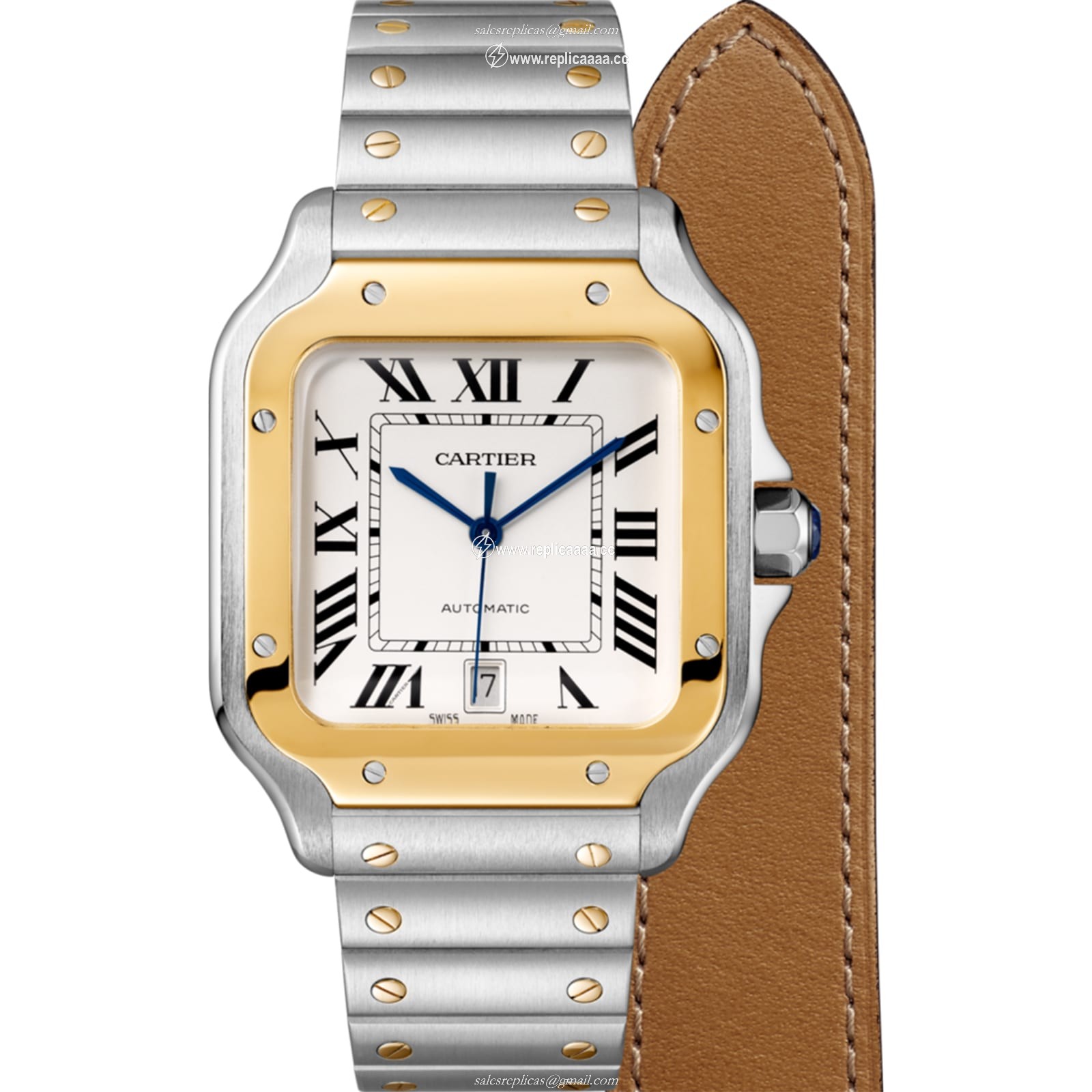Replica Cartier Santos De Cartier details Large Model Automatic Movement Yellow Gold Steel Interchangeable Metal And Leather Bracelets W2SA0009 2 Replica Cartier Santos De Cartier details Large Model Automatic Movement Yellow Gold Steel Interchangeable Metal And Leather Bracelets W2SA0009