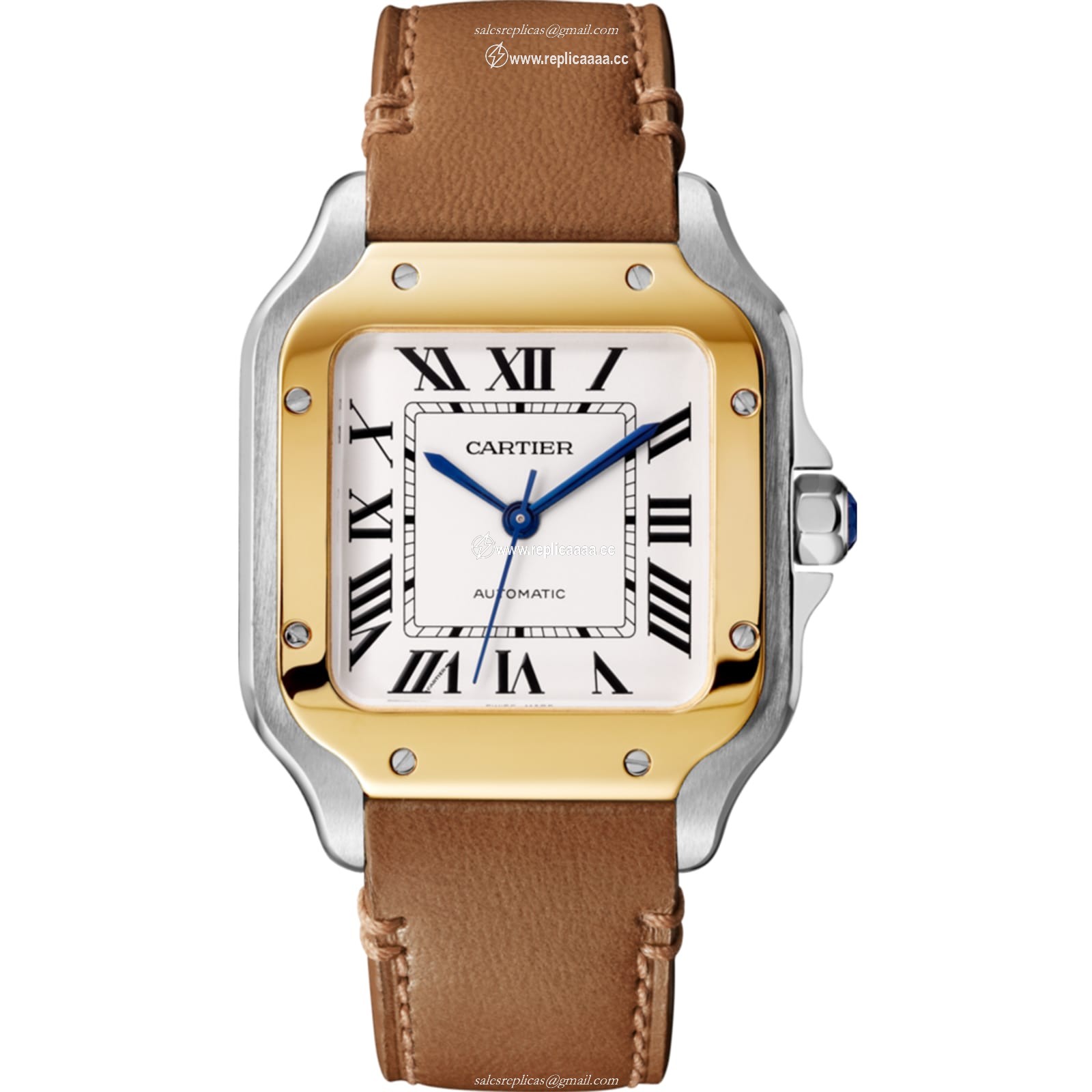 Replica Cartier Santos De Cartier details Medium Model Automatic Movement Yellow Gold Steel Interchangeable Metal And Leather Bracelets W2SA0016