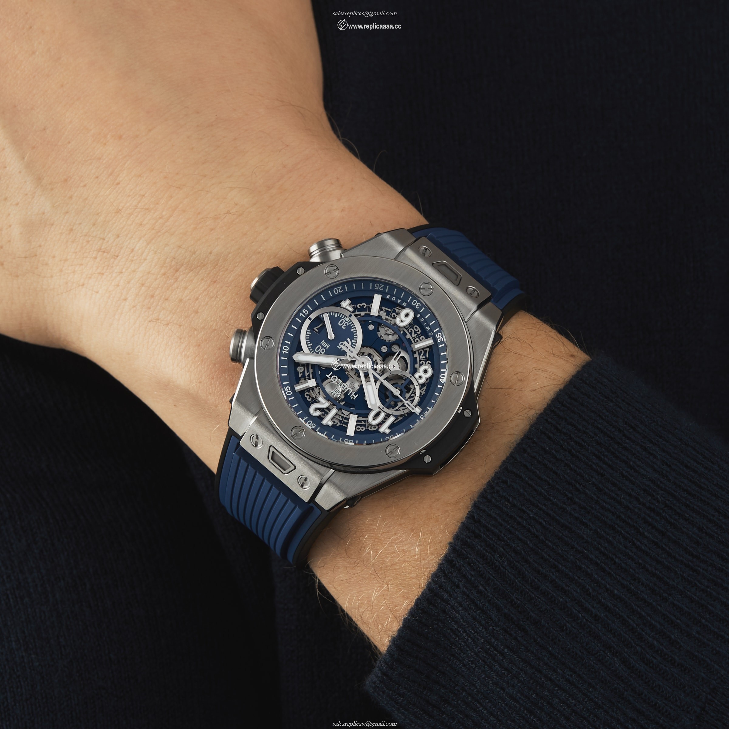 Replica Hublot Big Bang Unico Titanium Blue 44mm Mens details 421.NX.5170.RX 2 Replica Hublot Big Bang Unico Titanium Blue 44mm Mens details 421.NX.5170.RX