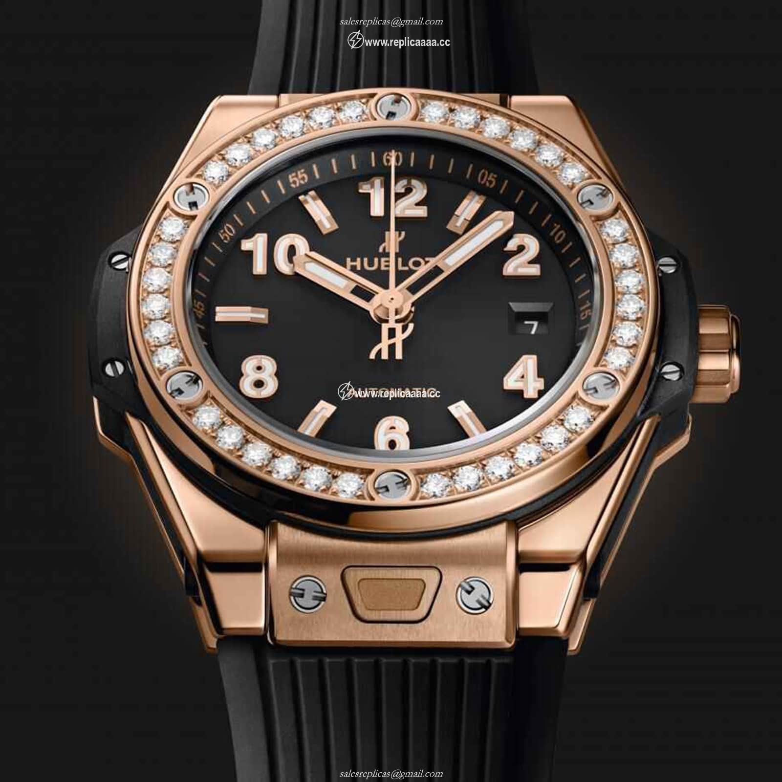 Replica Hublot Big Bang One Click King Gold Diamonds 33mm details 485.OX.1180.RX.1204 2 Replica Hublot Big Bang One Click King Gold Diamonds 33mm details 485.OX.1180.RX.1204