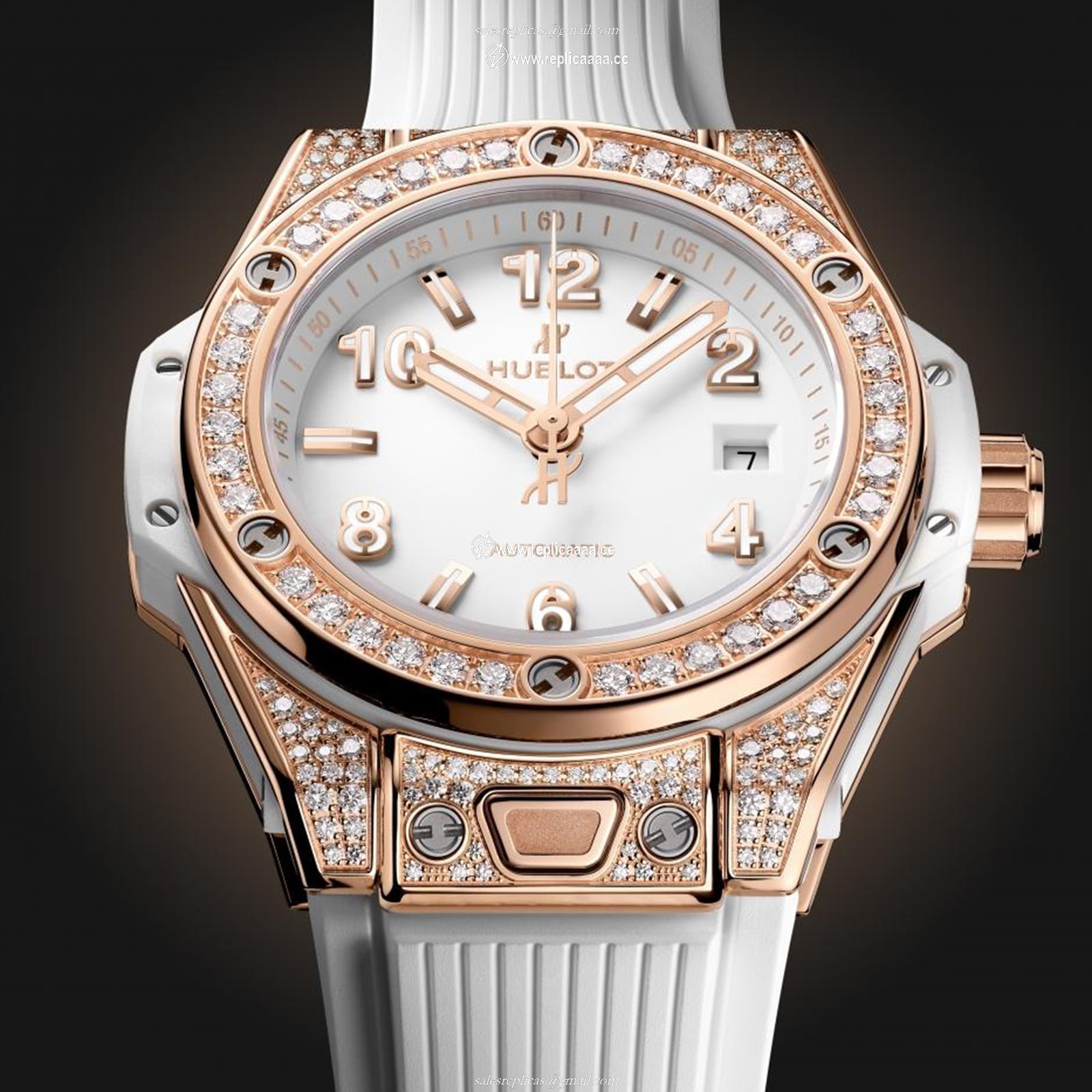 Replica Hublot Big Bang One Click King Gold White Pave 33mm details 485.OE.2080.RW.1604 2 Replica Hublot Big Bang One Click King Gold White Pave 33mm details 485.OE.2080.RW.1604