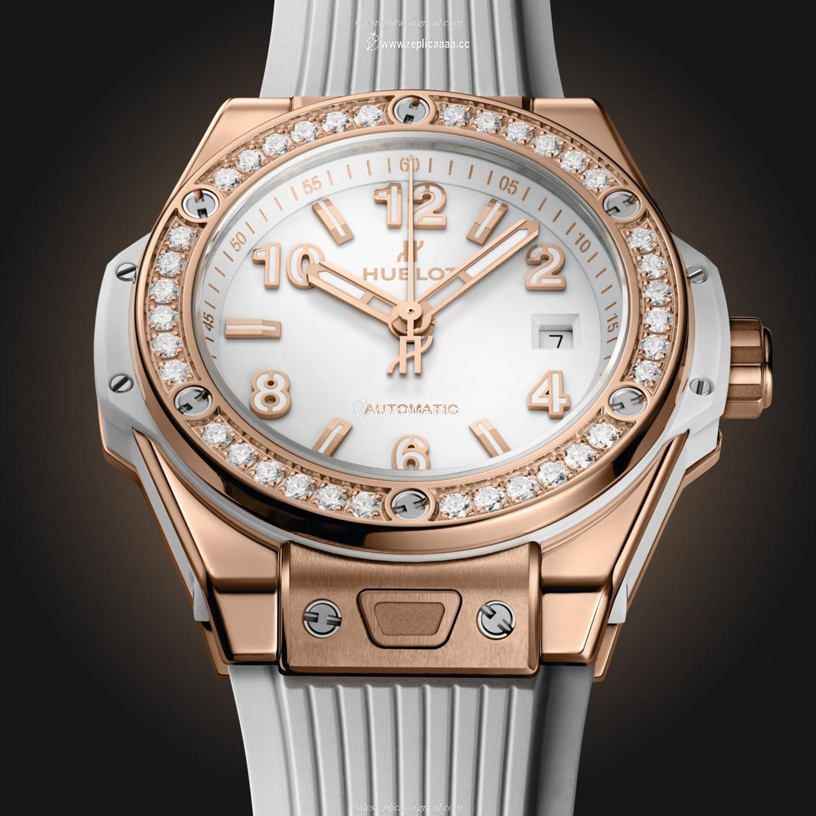 Replica Hublot Big Bang One Click King Gold White Diamonds 33mm details 485.OE.2080.RW.1204