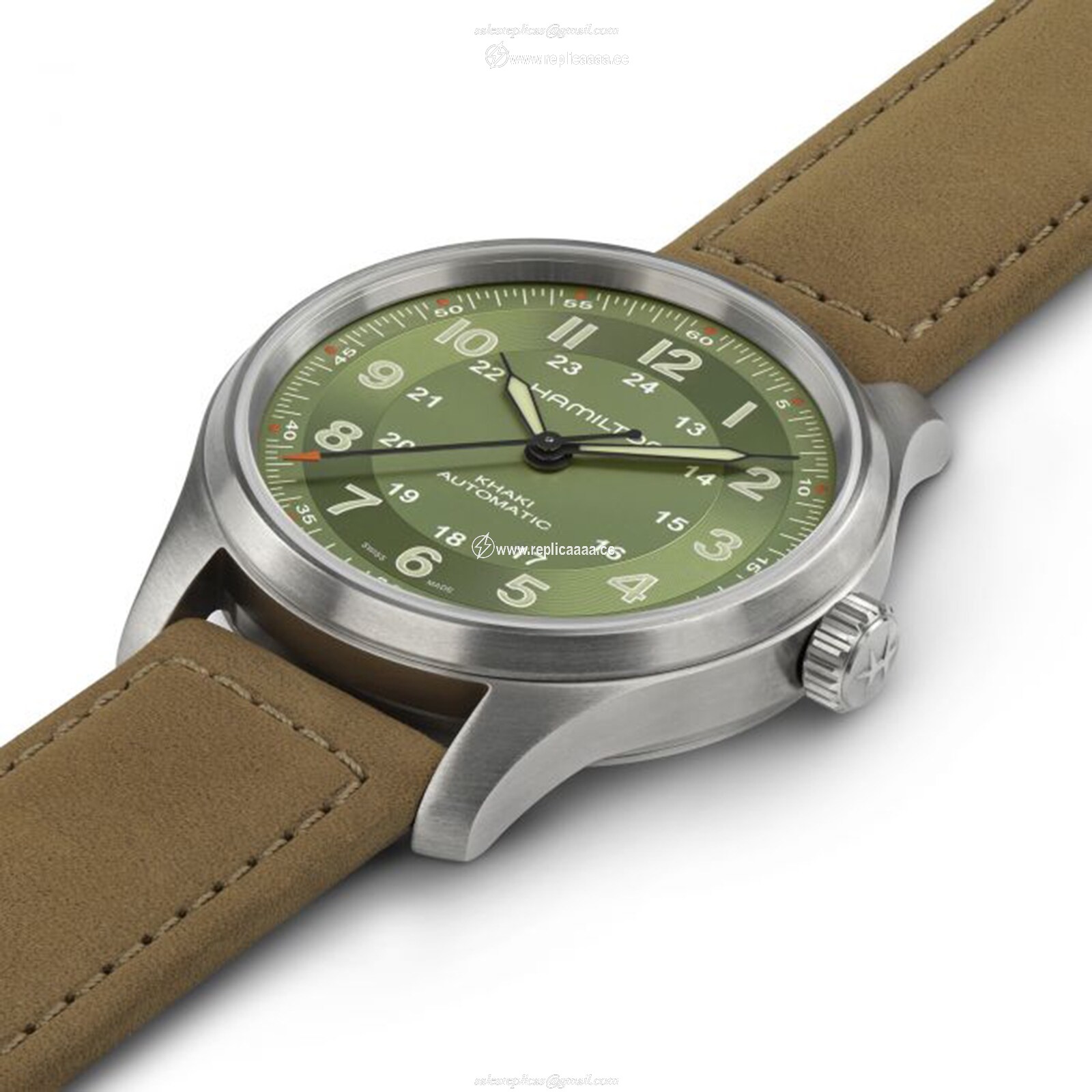 Replica Hamilton Khaki Field Titanium Green Dial Brown Strap 42mm H70545560 2 Replica Hamilton Khaki Field Titanium Green Dial Brown Strap 42mm H70545560