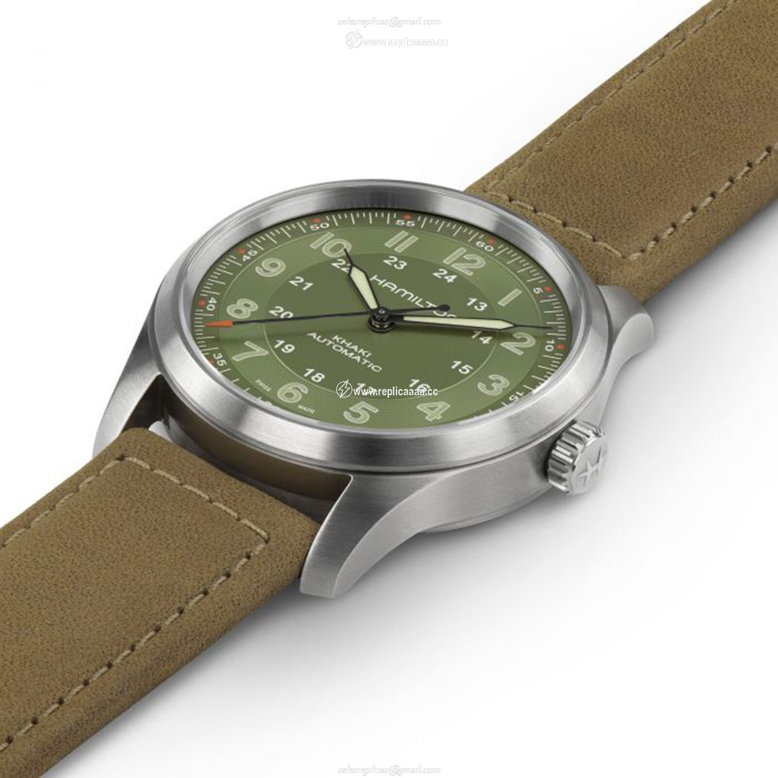 Replica Hamilton Khaki Field Titanium Green dial Brown Strap 38mm H70205860 2 Replica Hamilton Khaki Field Titanium Green dial Brown Strap 38mm H70205860