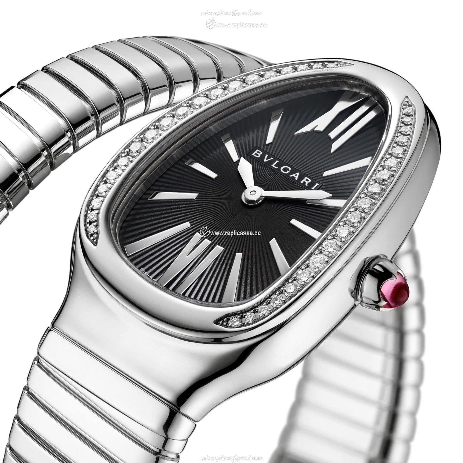 Replica Bvlgari Serpenti Tubogas 35mm Black Dial Diamond Ladies details - Stainless Steel Small Bracelet 103524
