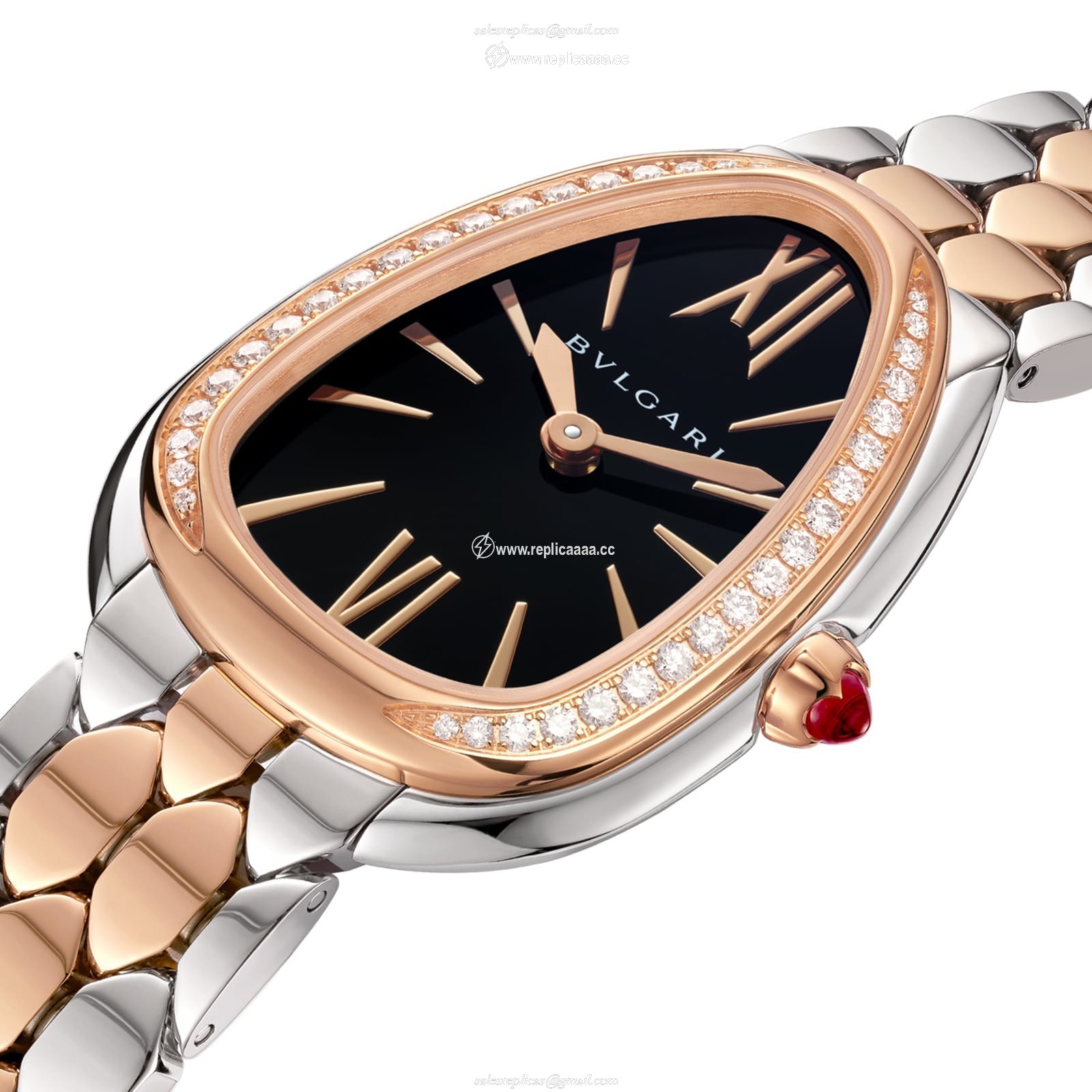 Replica Bvlgari Serpenti Seduttori 33mm Black Dial Diamond Ladies details - 18k Rose Gold and Steel 103450