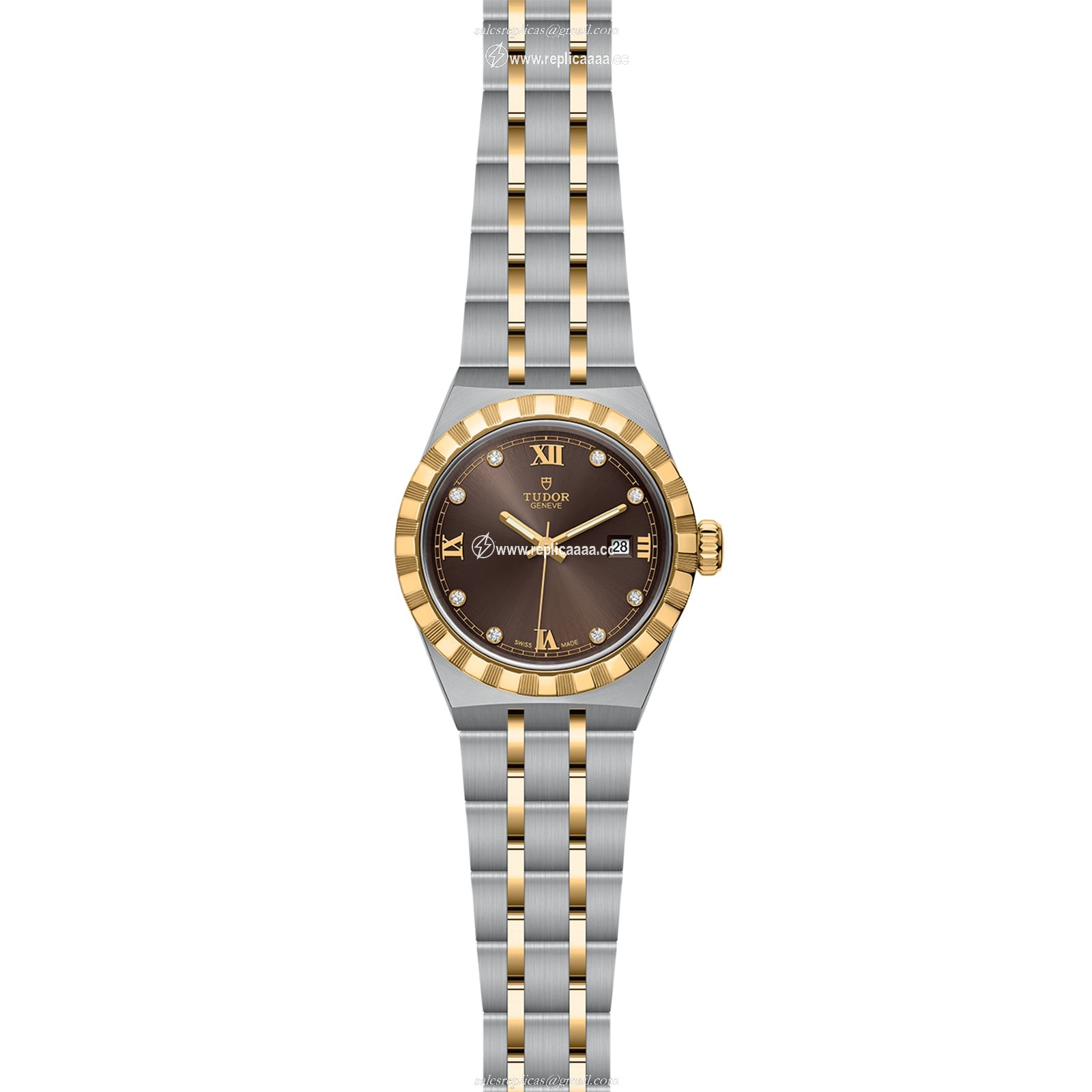 Replica Tudor Royal S G 28mm Steel Case Diamond-Set Brown Dial M28303-0009