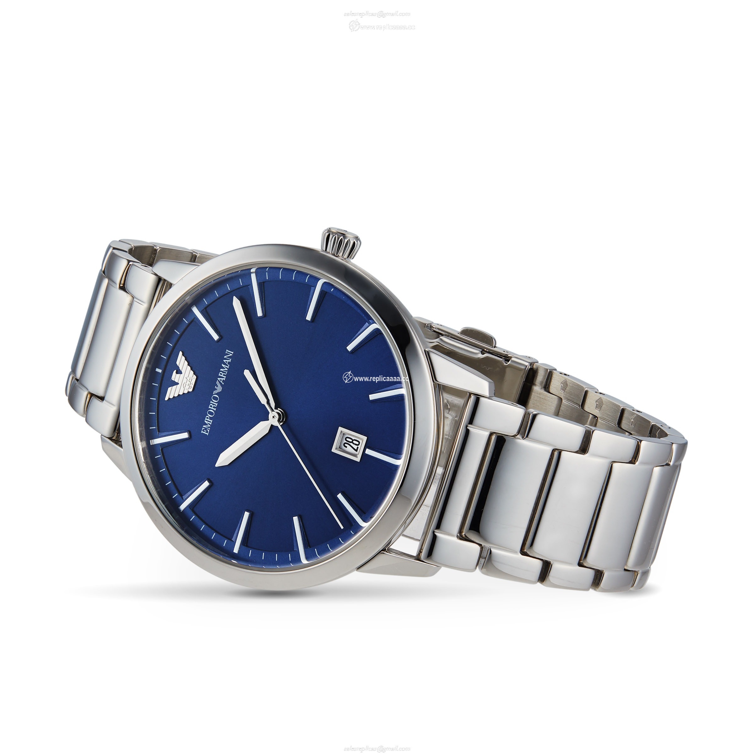 Replica Emporio Armani Men's Date Stainless Steel Bracelet Strap details Silver/Blue AR11311