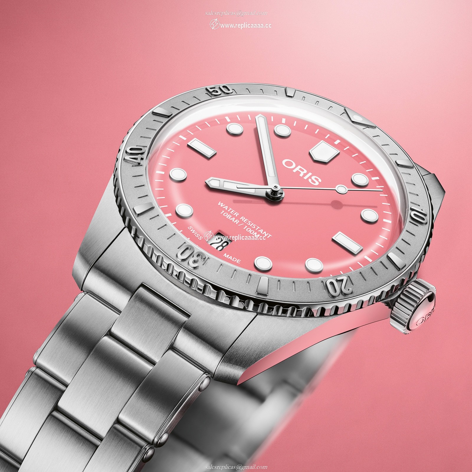 Replica Oris Divers Heritage 1965 38mm Unisex details Pink Stainless Steel 01 733 7771 4058-07 8 19 18