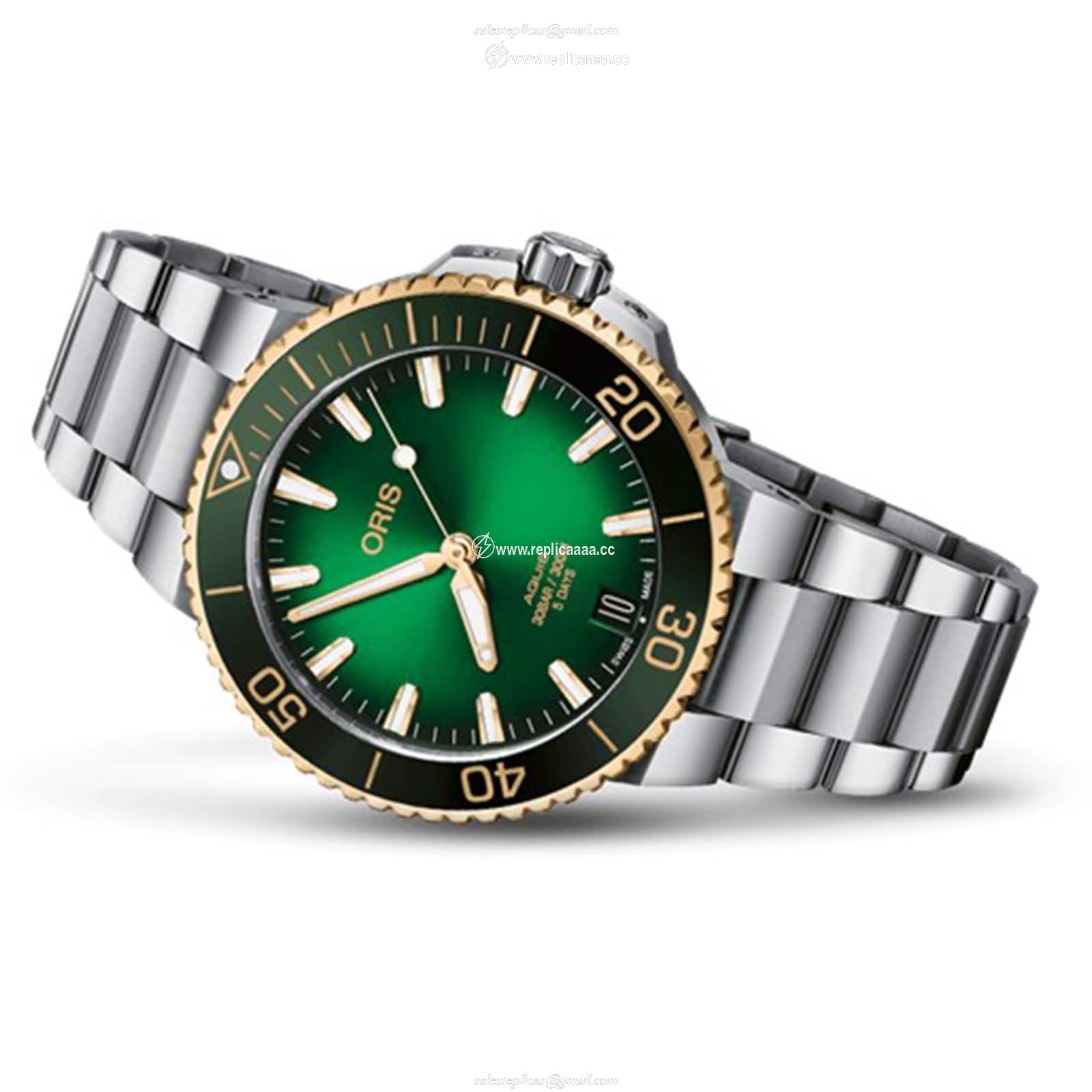 Replica Oris Aquis Date Calibre 400 41.5mm Green Dial Mens details 01 400 7769 6357-07 8 22 09PEB
