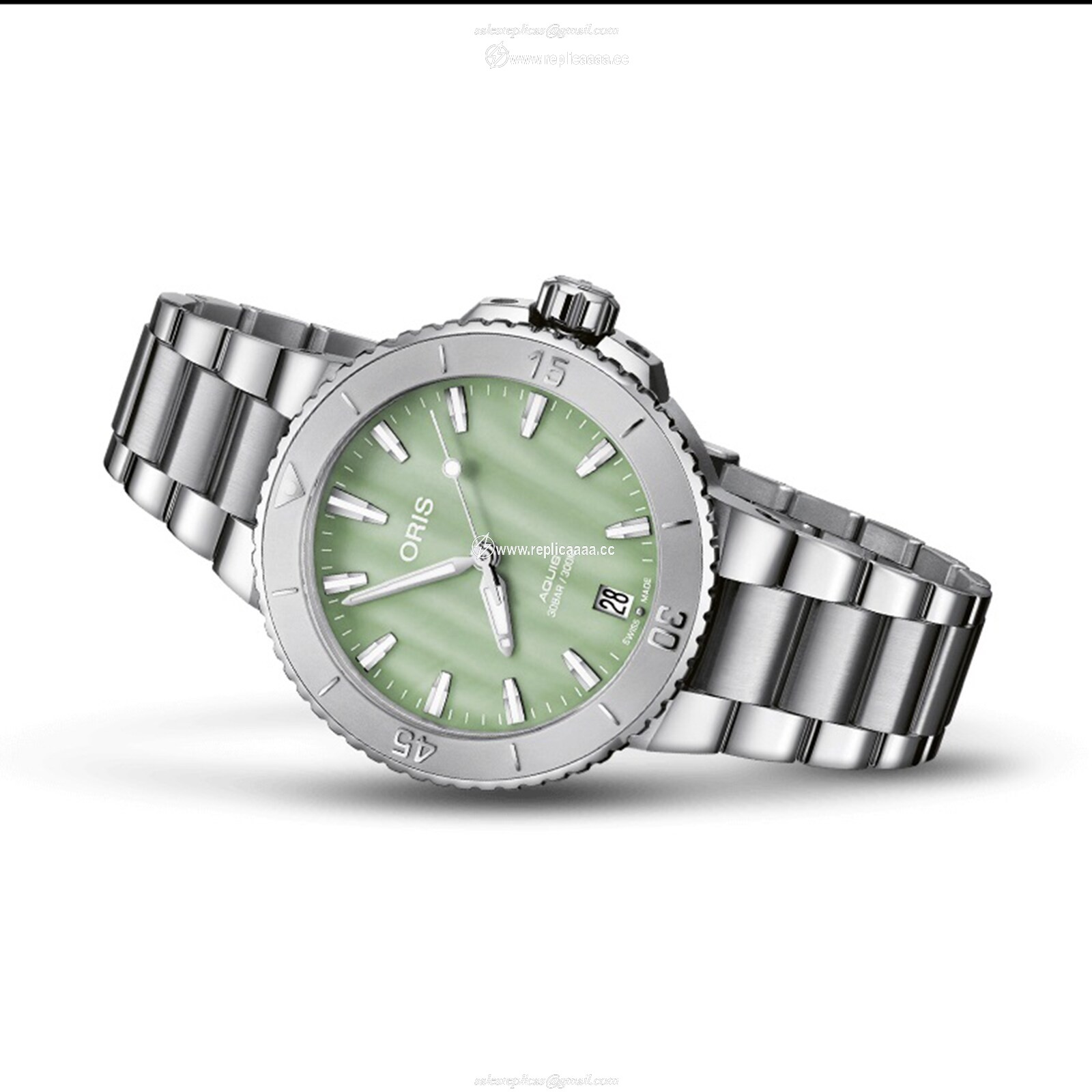 Replica Oris Aquis Date 36.5mm Unisex details Green 01 733 7770 4157-07 8 18 05P