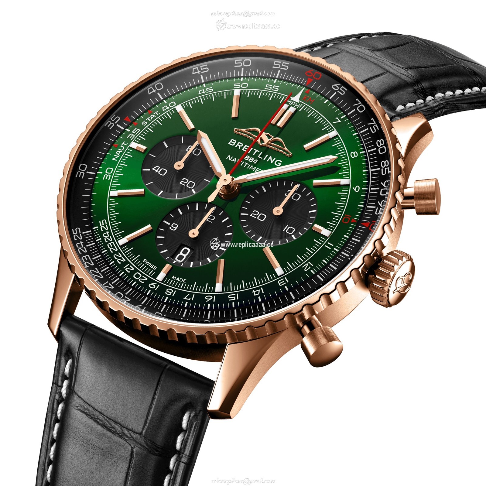 Replica Breitling Navitimer Chronograph 18ct Rose Gold 46mm Mens details Green Alligator RB0137241L1P1 2 Replica Breitling Navitimer Chronograph 18ct Rose Gold 46mm Mens details Green Alligator RB0137241L1P1