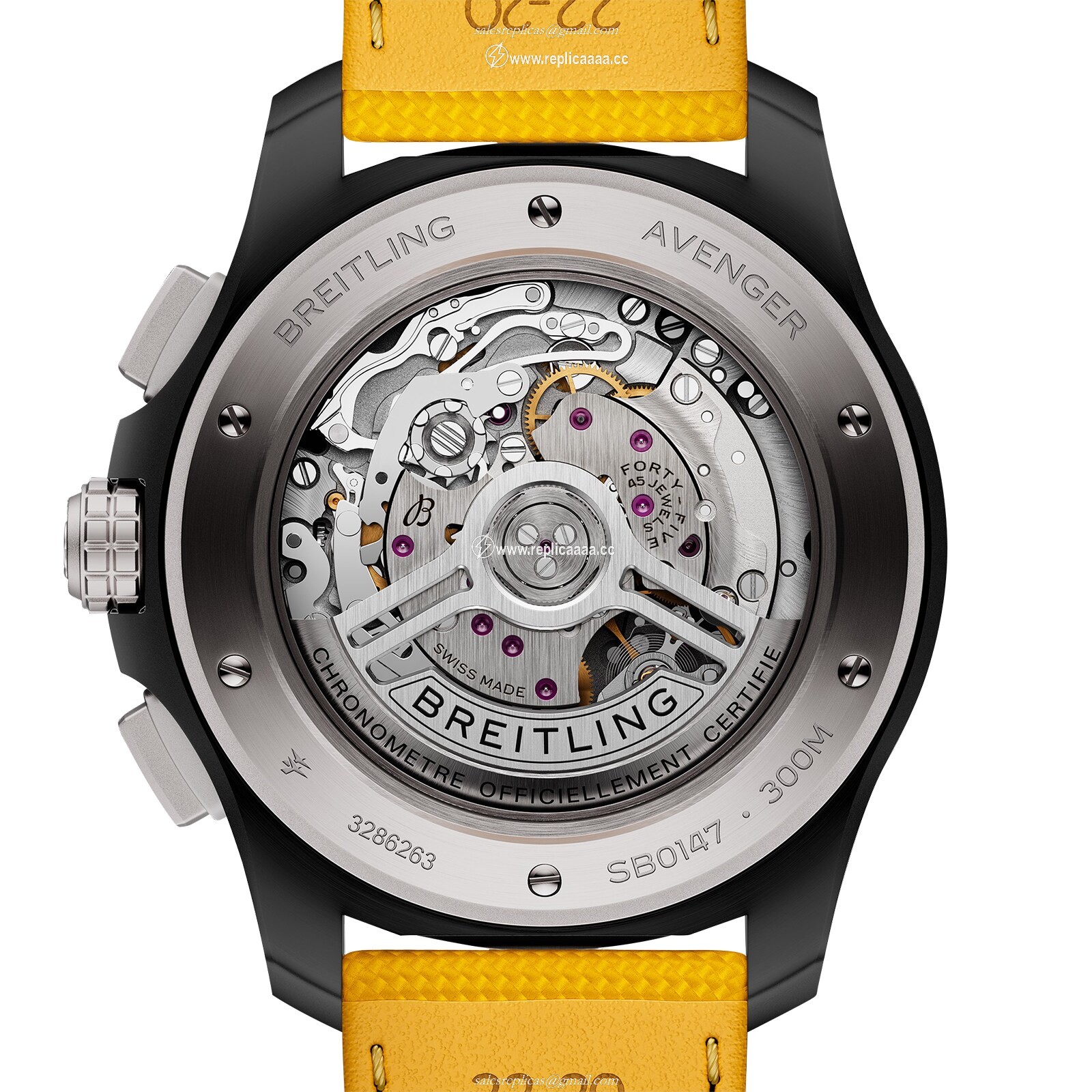 Replica Breitling Avenger B01 Chronograph 44mm Night Mission Mens details Yellow Leather SB0147101I1X1 2 Replica Breitling Avenger B01 Chronograph 44mm Night Mission Mens details Yellow Leather SB0147101I1X1