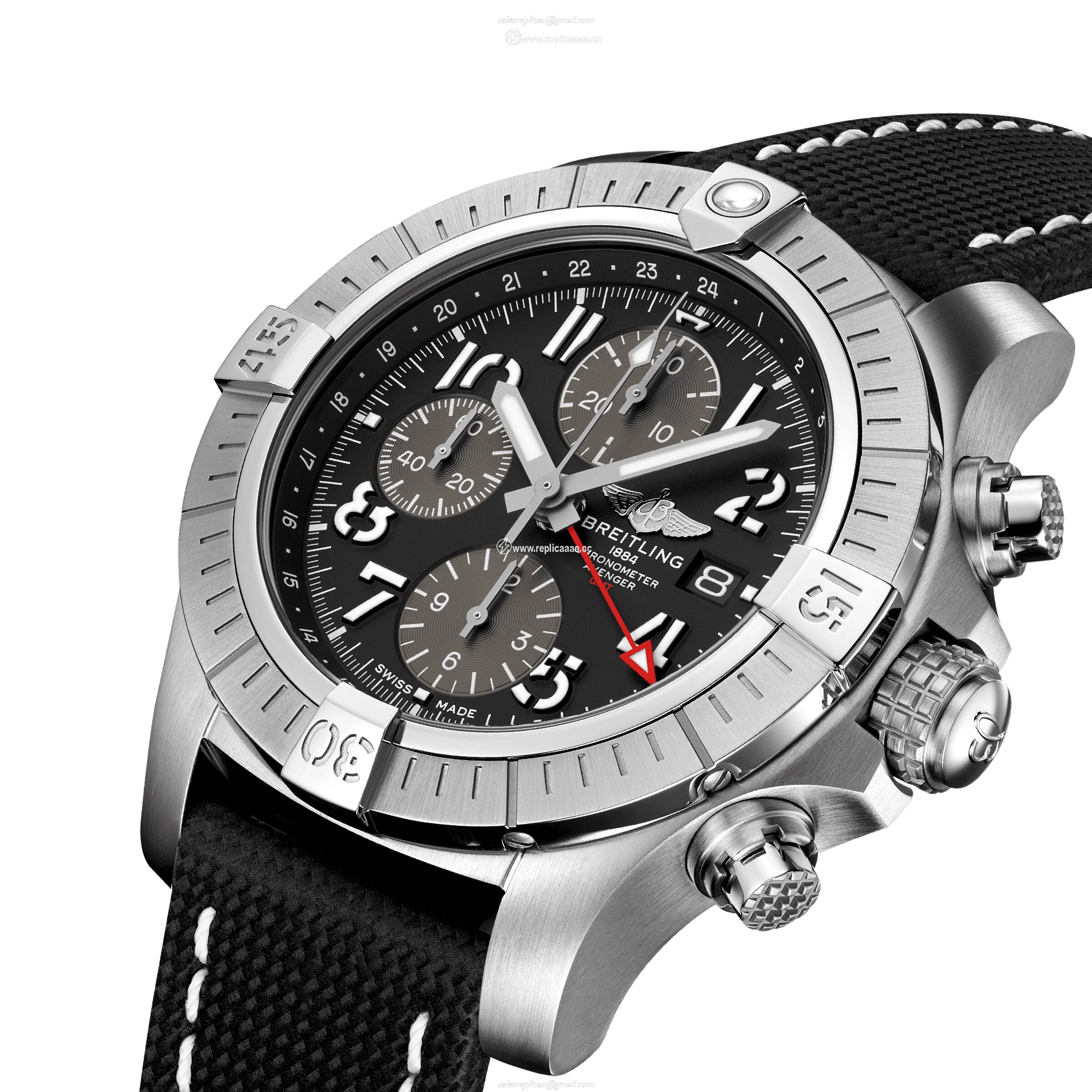 Replica Breitling Avenger Chronograph GMT 45 Stainless Steel Leather Strap details A24315101B1X2