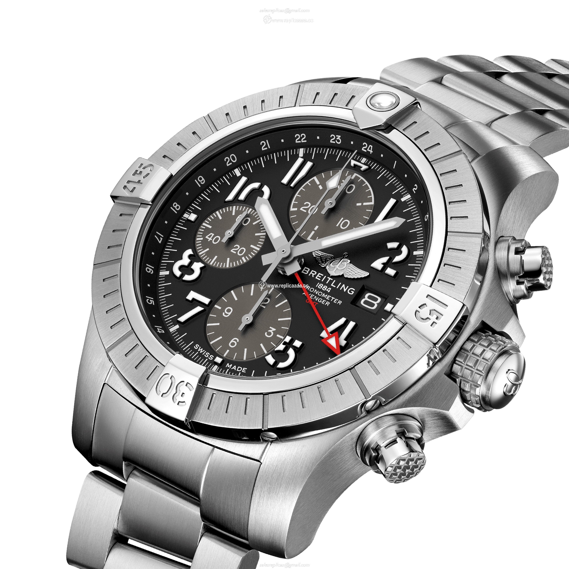 Replica Breitling Avenger Chronograph GMT 45 Stainless Steel details A24315101B1A1