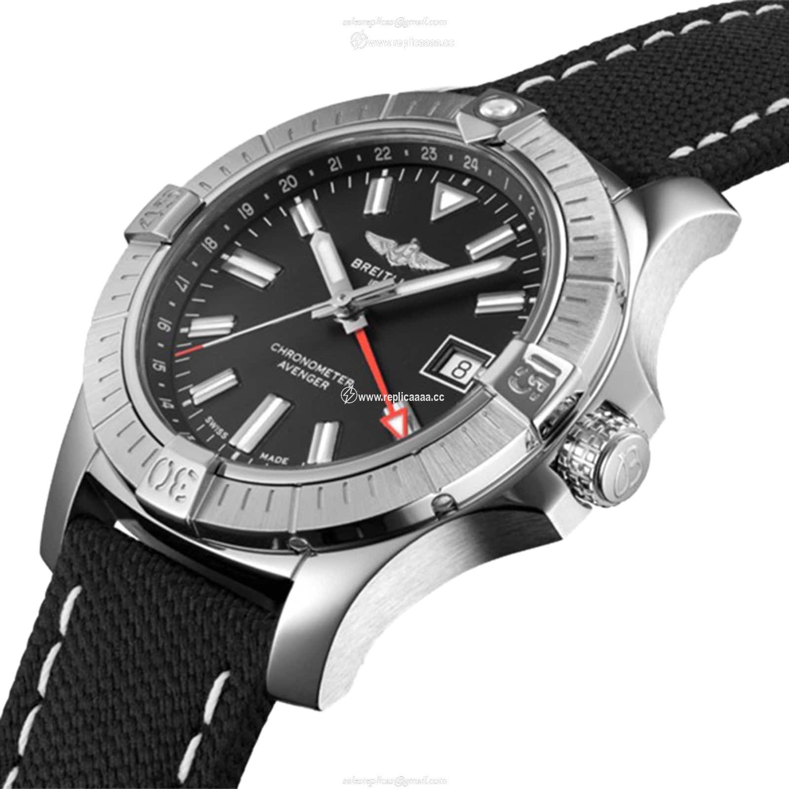 Replica Breitling Avenger Automatic GMT 43 Stainless Steel Leather Strap details A32397101B1X1