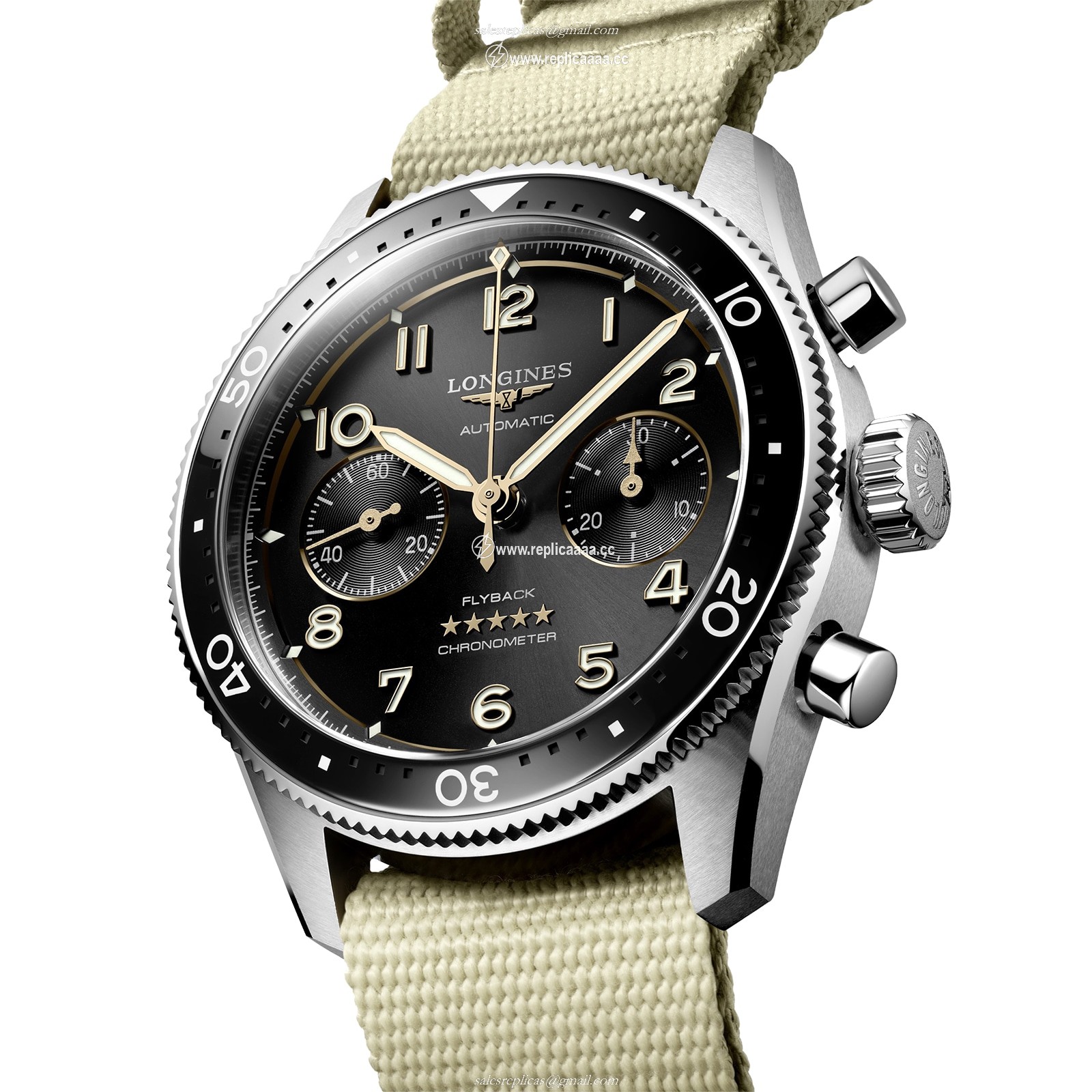 Replica Longines Spirit Flyback 42mm Steel Beige NATO Strap Black Sunray Dial L38214539 2 Replica Longines Spirit Flyback 42mm Steel Beige NATO Strap Black Sunray Dial L38214539