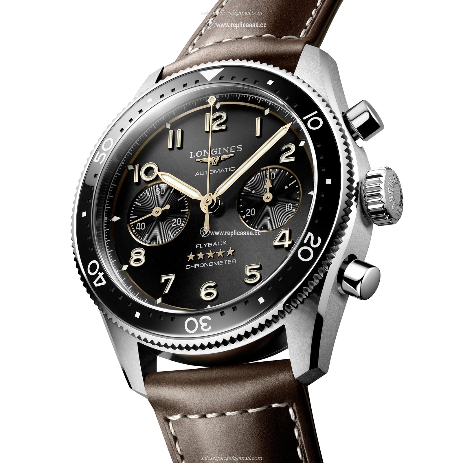 Replica Longines Spirit Flyback 42mm Steel Brown Leather Strap Black Sunray Dial L38214532