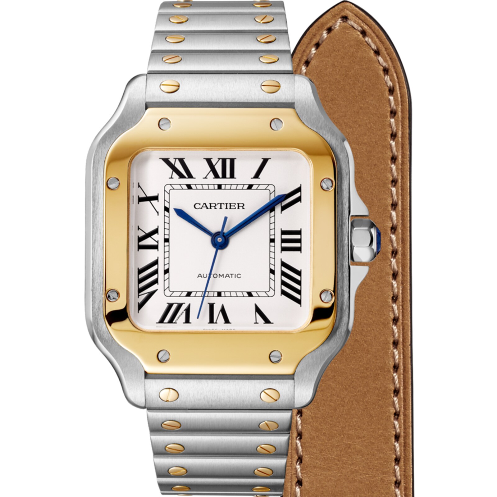 Replica Cartier Santos De Cartier details Medium Model Automatic Movement Yellow Gold Steel Interchangeable Metal And Leather Bracelets W2SA0016