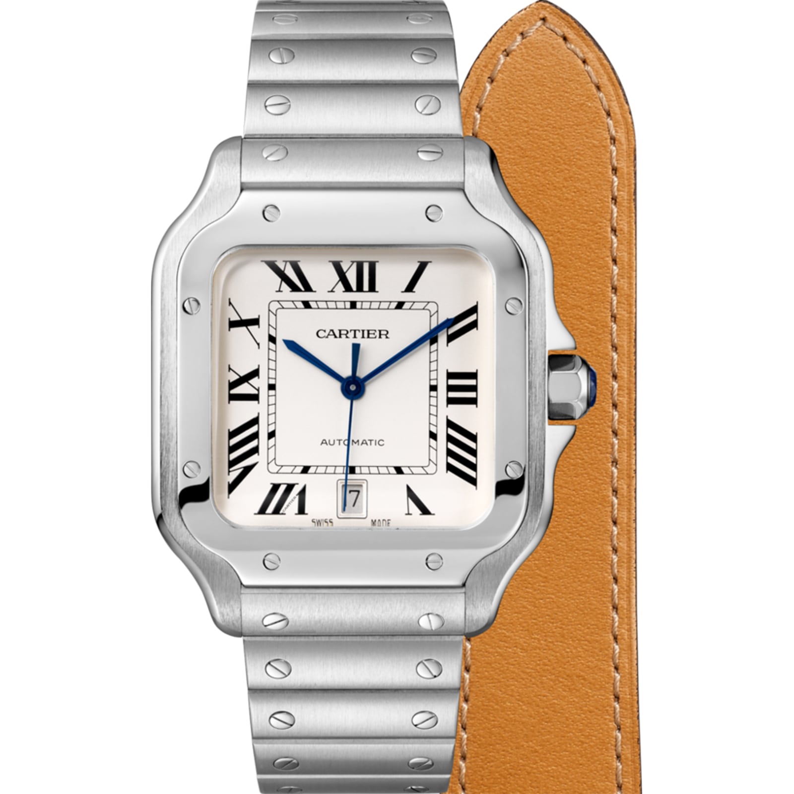 Replica Cartier Santos De Cartier details Large Model Automatic Movement Steel Interchangeable Metal And Leather Bracelets WSSA0018