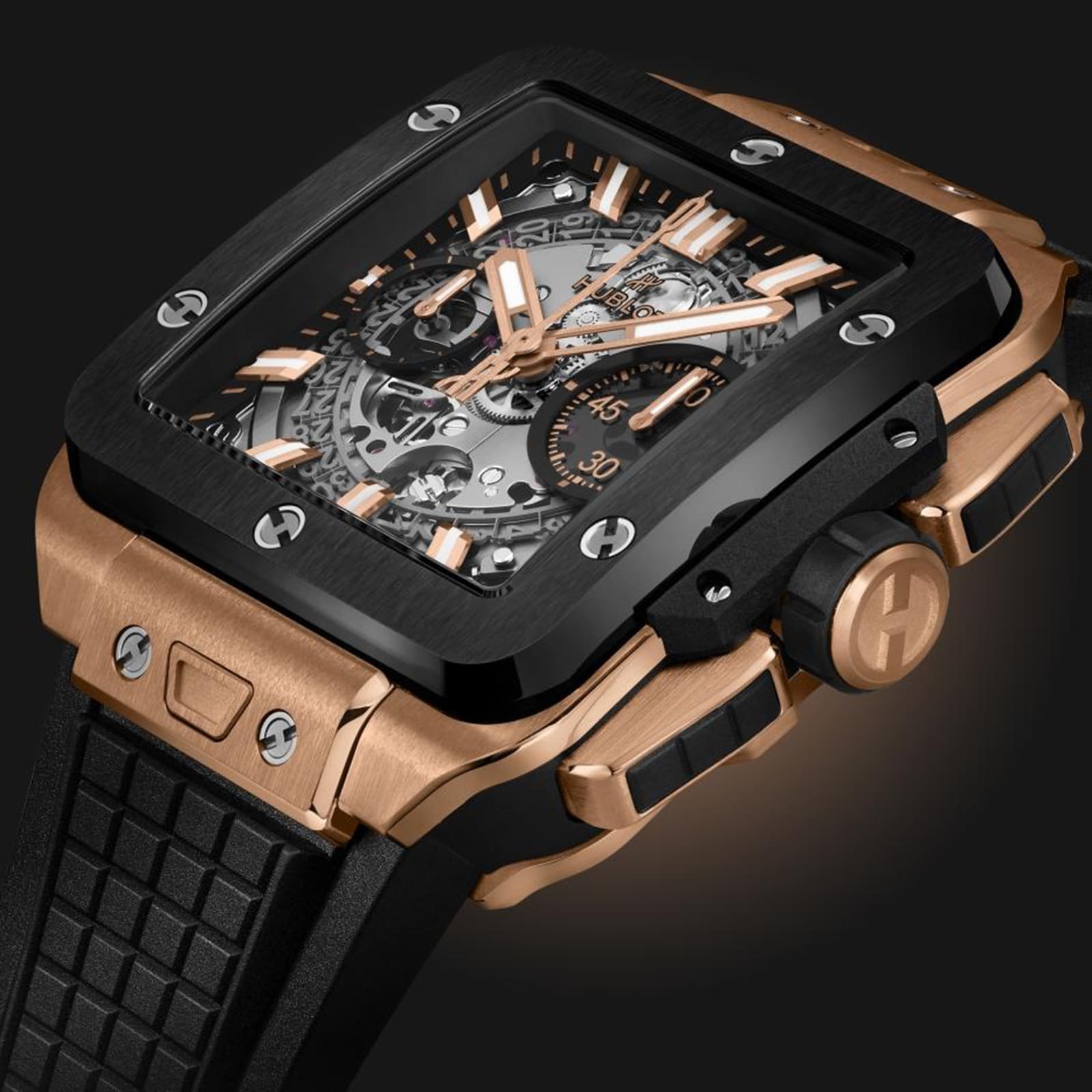 Replica Hublot Square Bang Unico King Gold Ceramic 42mm Mens details 821.OM.0180.RX 2 Replica Hublot Square Bang Unico King Gold Ceramic 42mm Mens details 821.OM.0180.RX