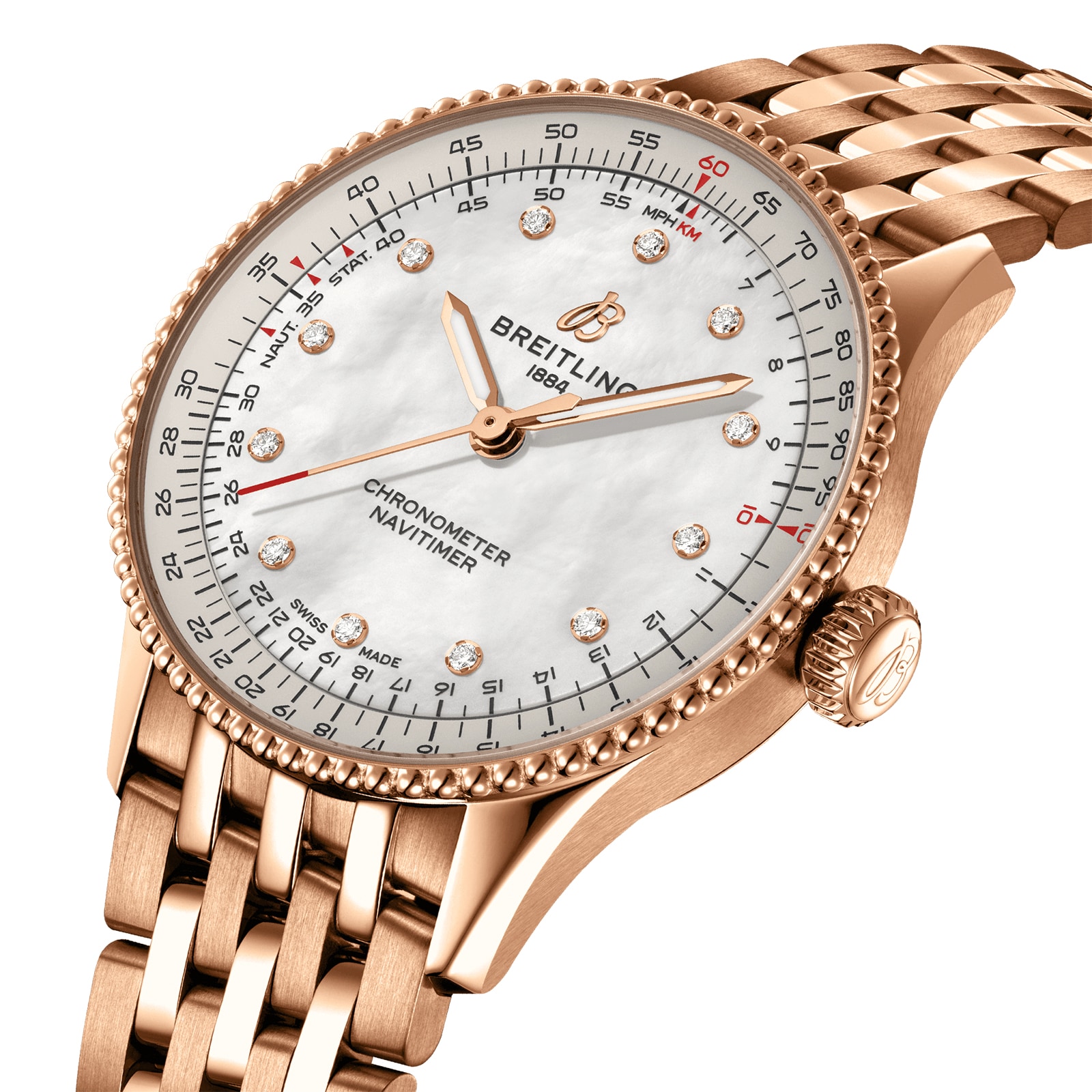 Replica Breitling Navitimer 36mm Ladies details White Mother Of Pearl 18k Red Gold R17327211A1R1