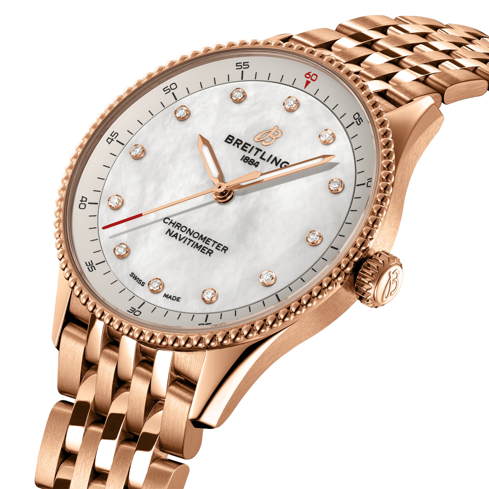 Replica Breitling Navitimer 32mm Ladies details White Mother Of Pearl 18k Red Gold R77320E61A1R1
