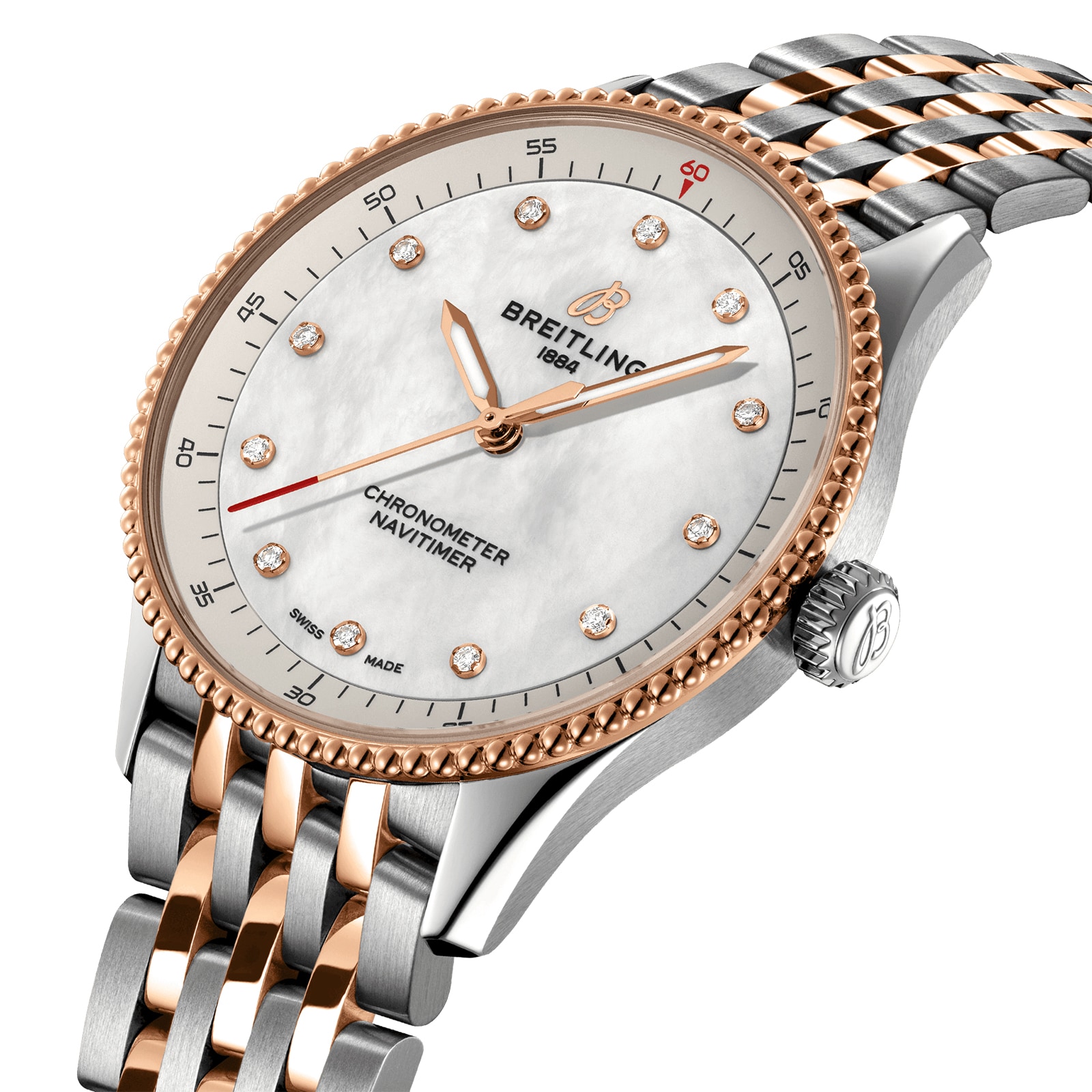 Replica Breitling Navitimer 32mm Ladies details White Mother Of Pearl Stainless Steel and 18k Red Gold U77320E61A1U1 2 Replica Breitling Navitimer 32mm Ladies details White Mother Of Pearl Stainless Steel and 18k Red Gold U77320E61A1U1