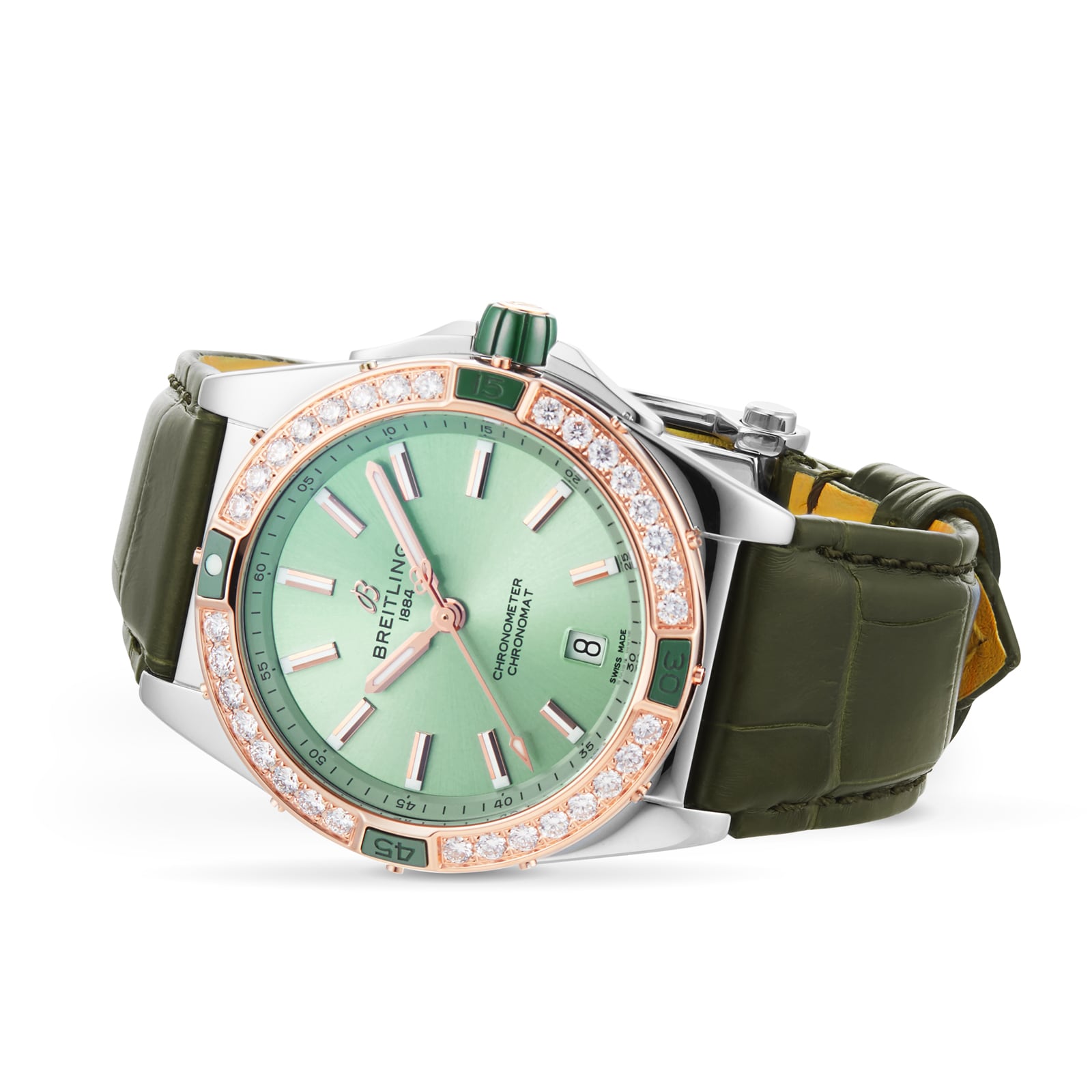 Replica Breitling Super Chronomat Automatic 38 Green Stainless Steel 18ct Rose Gold Leather Strap details U17356531L1P1 2 Replica Breitling Super Chronomat Automatic 38 Green Stainless Steel 18ct Rose Gold Leather Strap details U17356531L1P1
