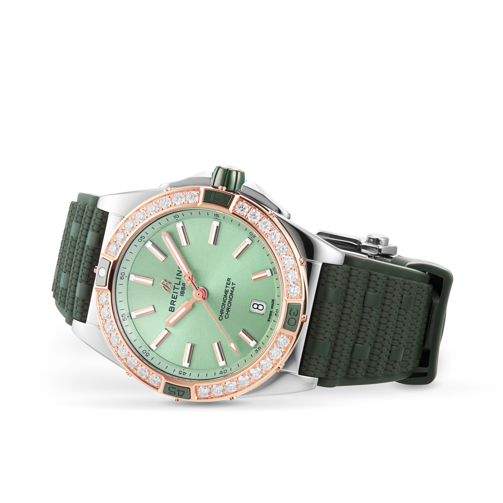 Replica Breitling Super Chronomat Automatic 38 Green Stainless Steel 18ct Rose Gold Rubber Strap details U17356531L1S1 2 Replica Breitling Super Chronomat Automatic 38 Green Stainless Steel 18ct Rose Gold Rubber Strap details U17356531L1S1