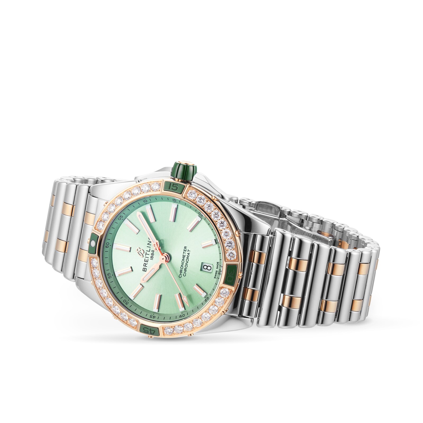 Replica Breitling Super Chronomat Automatic 38 Green Stainless Steel 18ct Rose Gold details U17356531L1U1 2 Replica Breitling Super Chronomat Automatic 38 Green Stainless Steel 18ct Rose Gold details U17356531L1U1