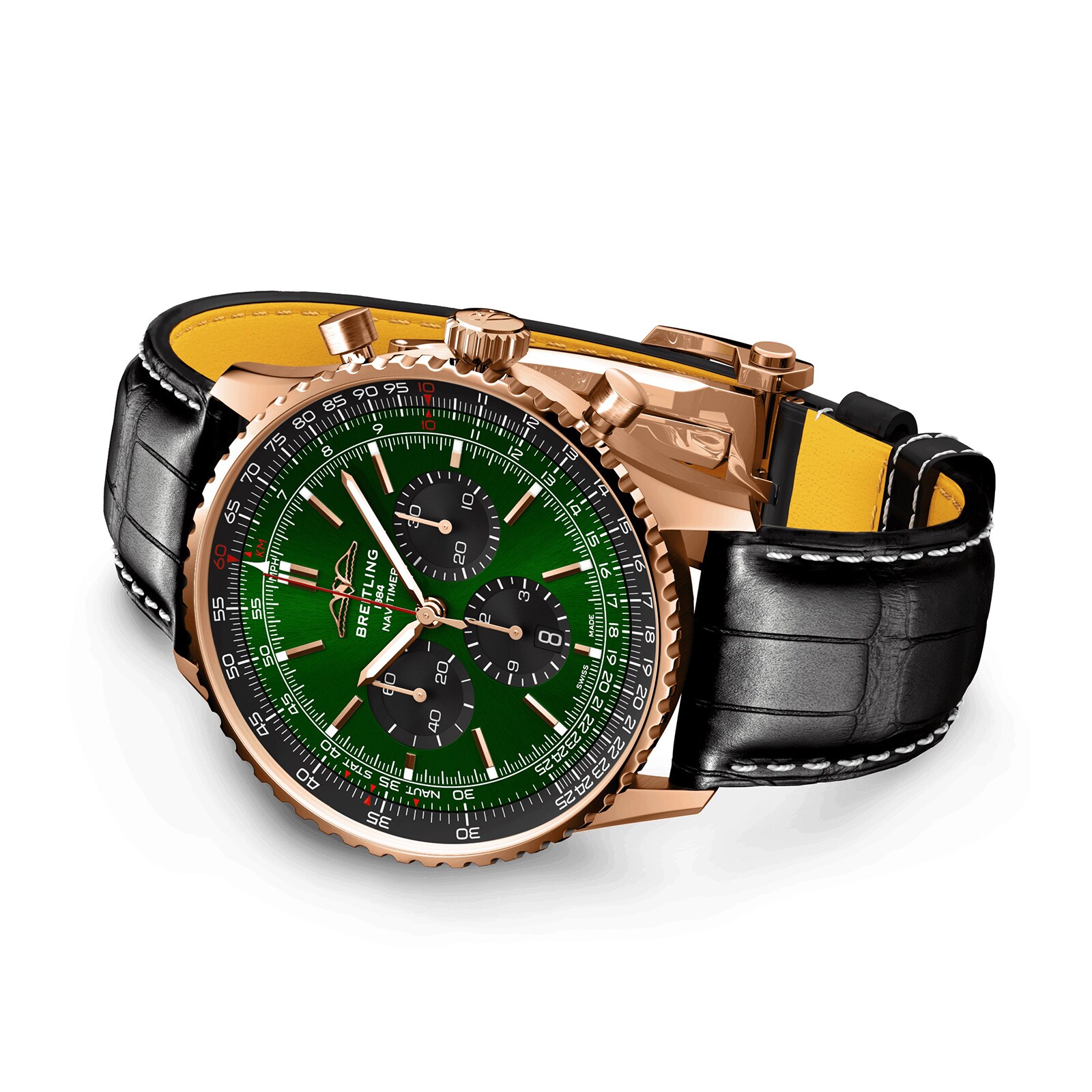 Replica Breitling Navitimer Chronograph 18ct Rose Gold 46mm Mens details Green Alligator RB0137241L1P1 2 Replica Breitling Navitimer Chronograph 18ct Rose Gold 46mm Mens details Green Alligator RB0137241L1P1