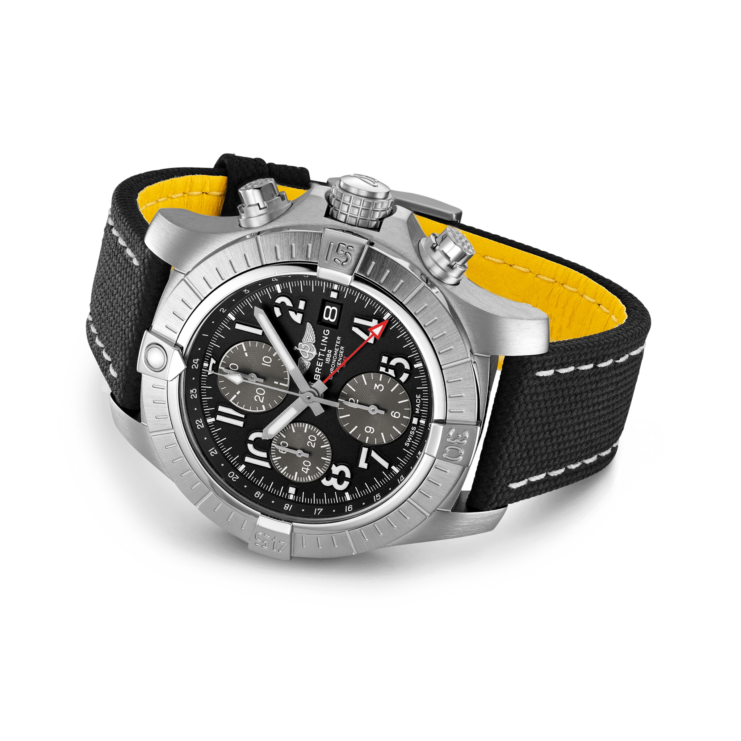 Replica Breitling Avenger Chronograph GMT 45 Stainless Steel Leather Strap details A24315101B1X2