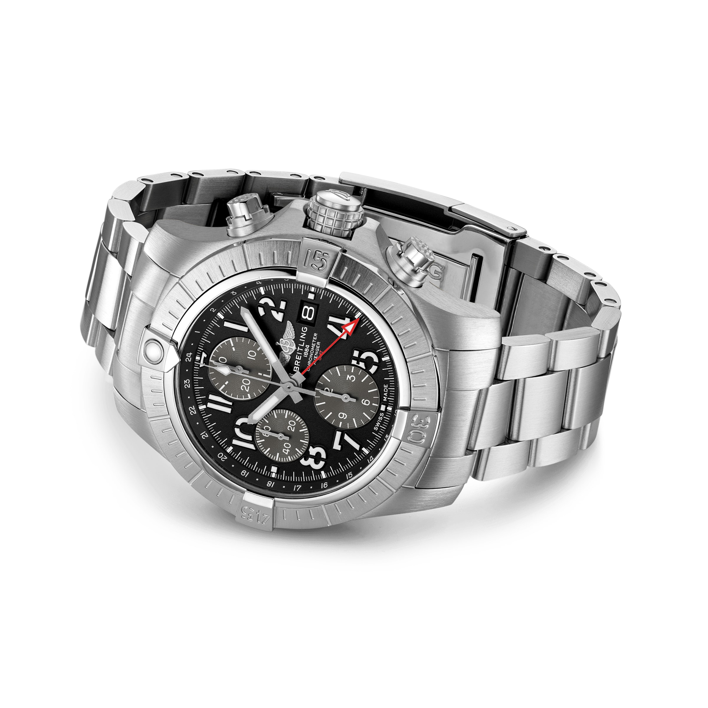 Replica Breitling Avenger Chronograph GMT 45 Stainless Steel details A24315101B1A1
