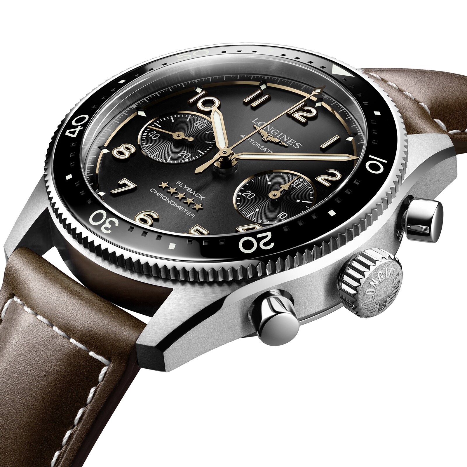 Replica Longines Spirit Flyback 42mm Steel Brown Leather Strap Black Sunray Dial L38214532