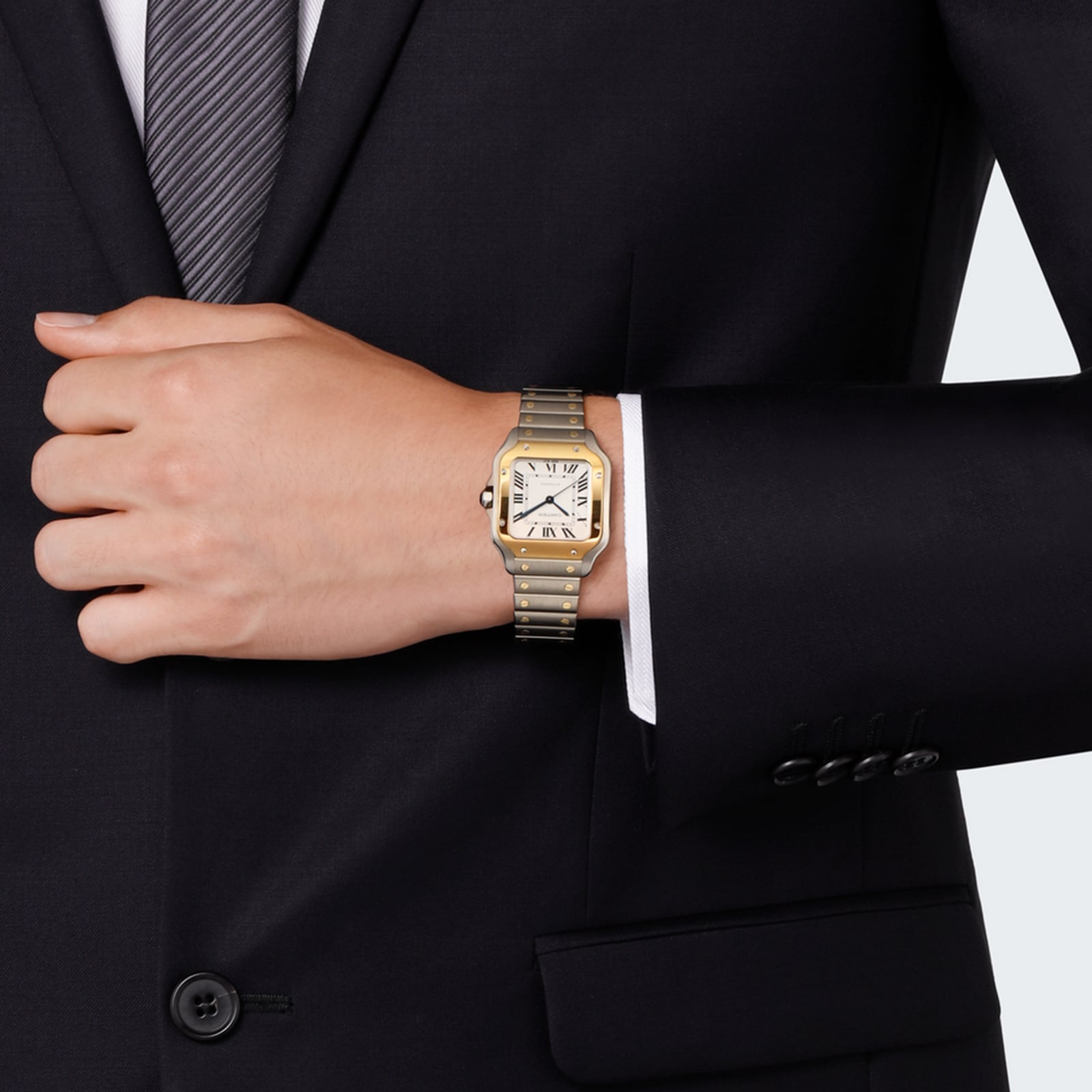 Replica Cartier Santos De Cartier details Medium Model Automatic Movement Yellow Gold Steel Interchangeable Metal And Leather Bracelets W2SA0016