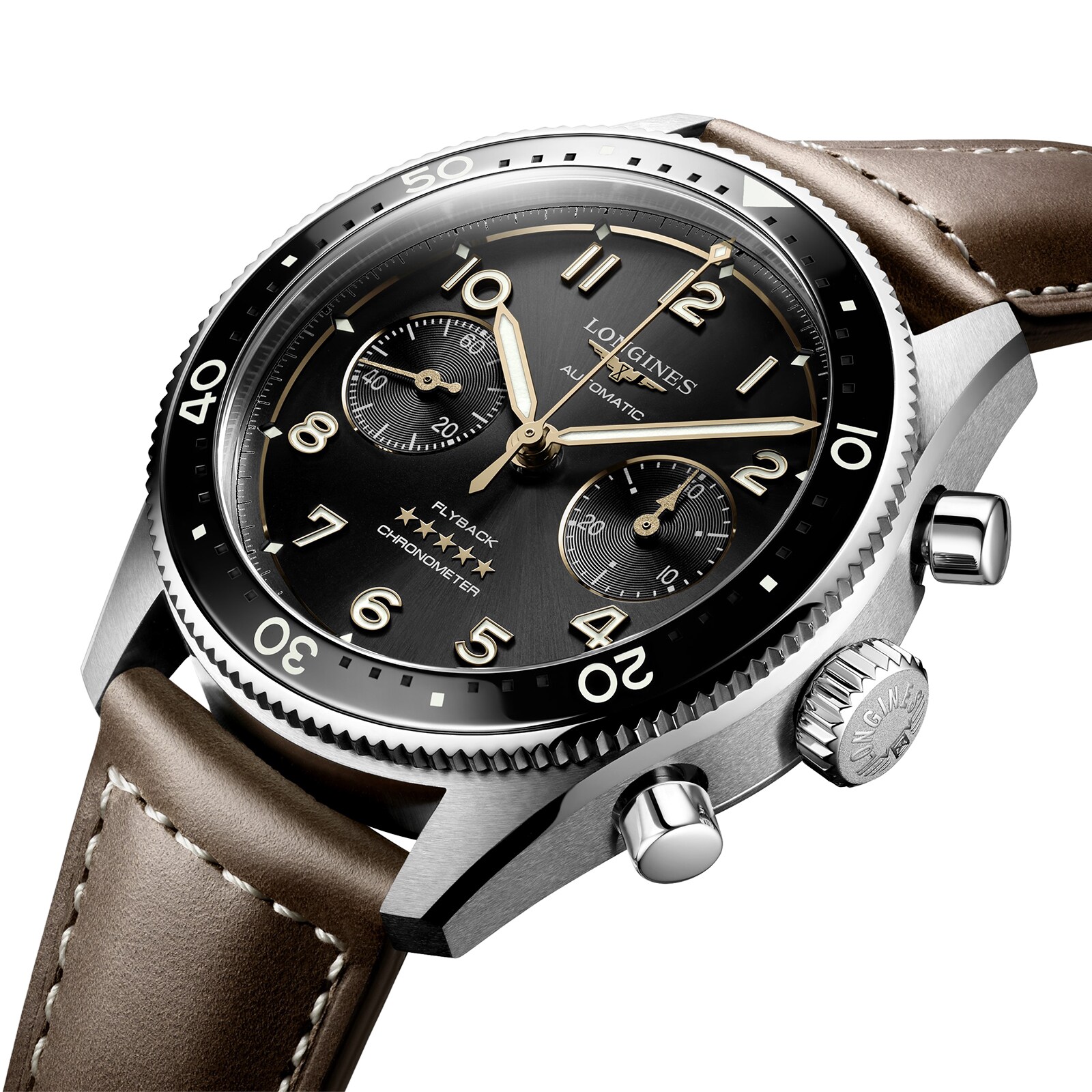 Replica Longines Spirit Flyback 42mm Steel Brown Leather Strap Black Sunray Dial L38214532