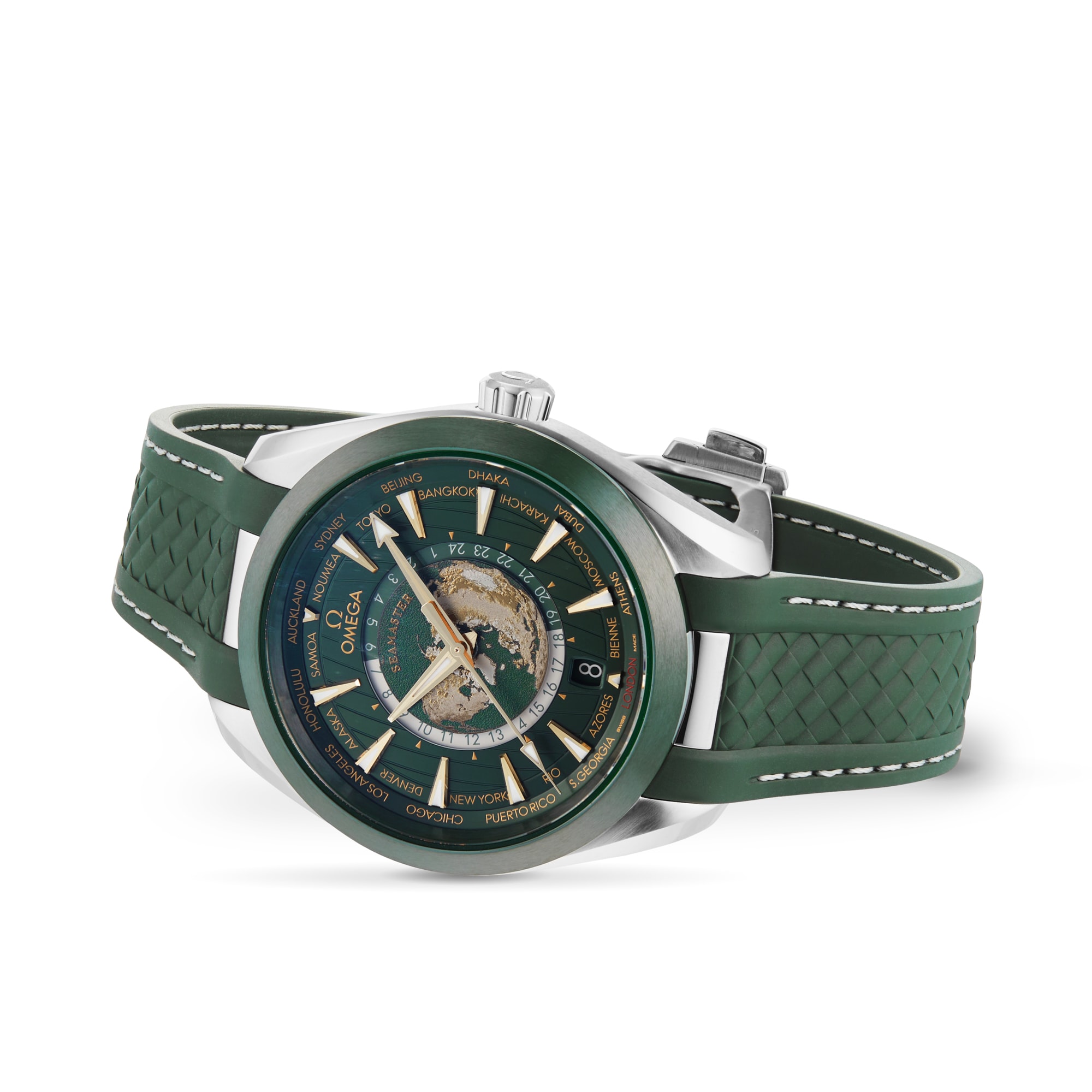 Replica Omega Seamaster Aqua Terra 150m Co Axial Master Chronometer GMT Worldtimer 43mm Mens details Green Rubber O22032432210001 3 Replica Omega Seamaster Aqua Terra 150m Co Axial Master Chronometer GMT Worldtimer 43mm Mens details Green Rubber O22032432210001