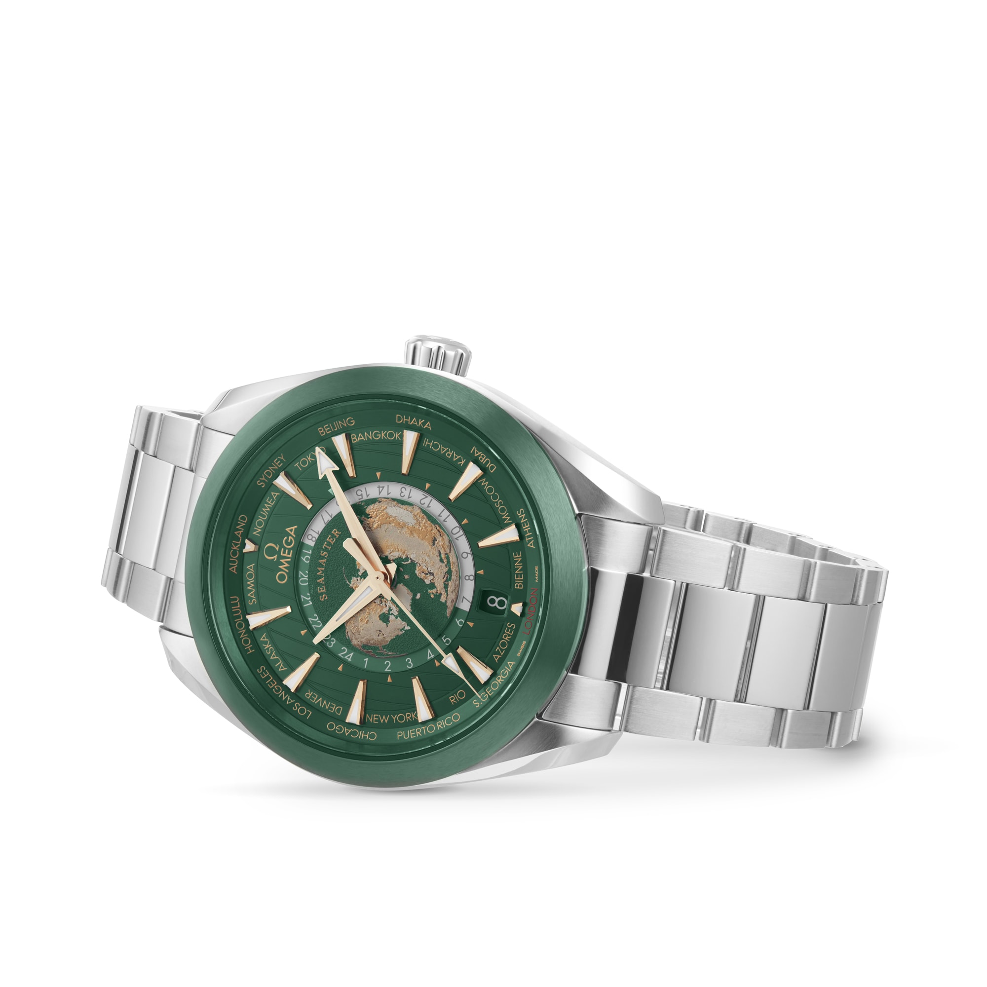 Replica Omega Seamaster Aqua Terra 150m Co Axial Master Chronomaster GMT Worldtimer 43mm Mens details Green O22030432210001