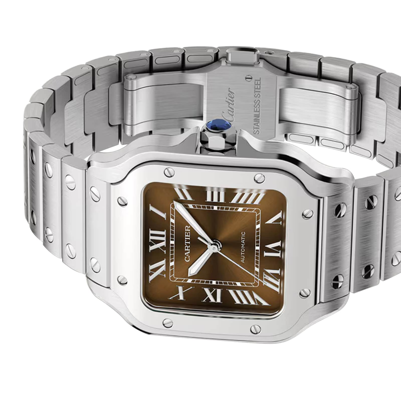 Replica Cartier Santos De Cartier details Medium Model Automatic Winding Steel Case Interchangeable Leather Strap WSSA0065