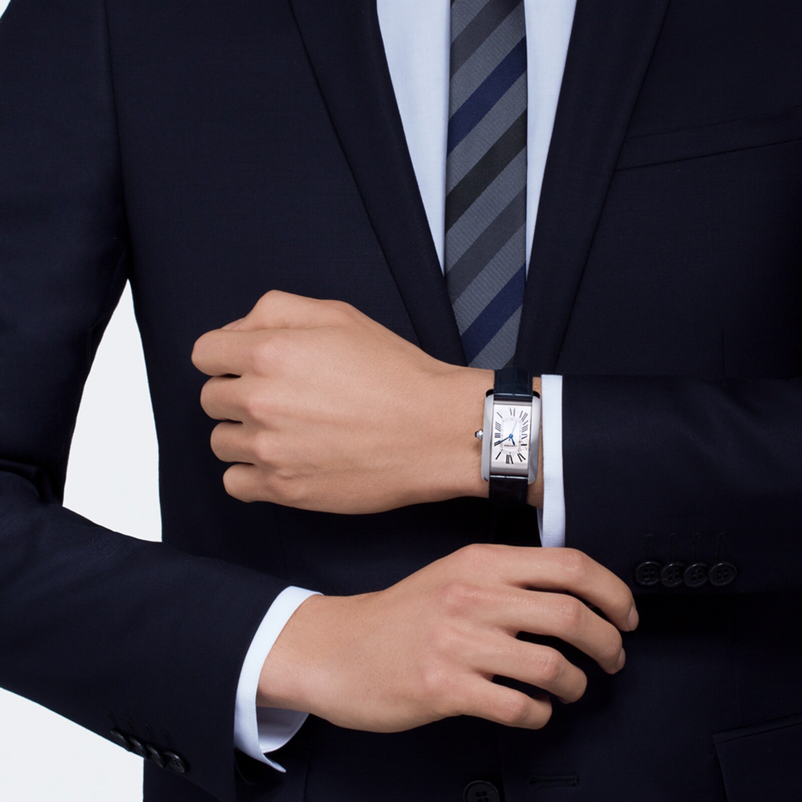 Replica Cartier Tank Americaine details Large Model Automatic Movement Steel Leather WSTA0045