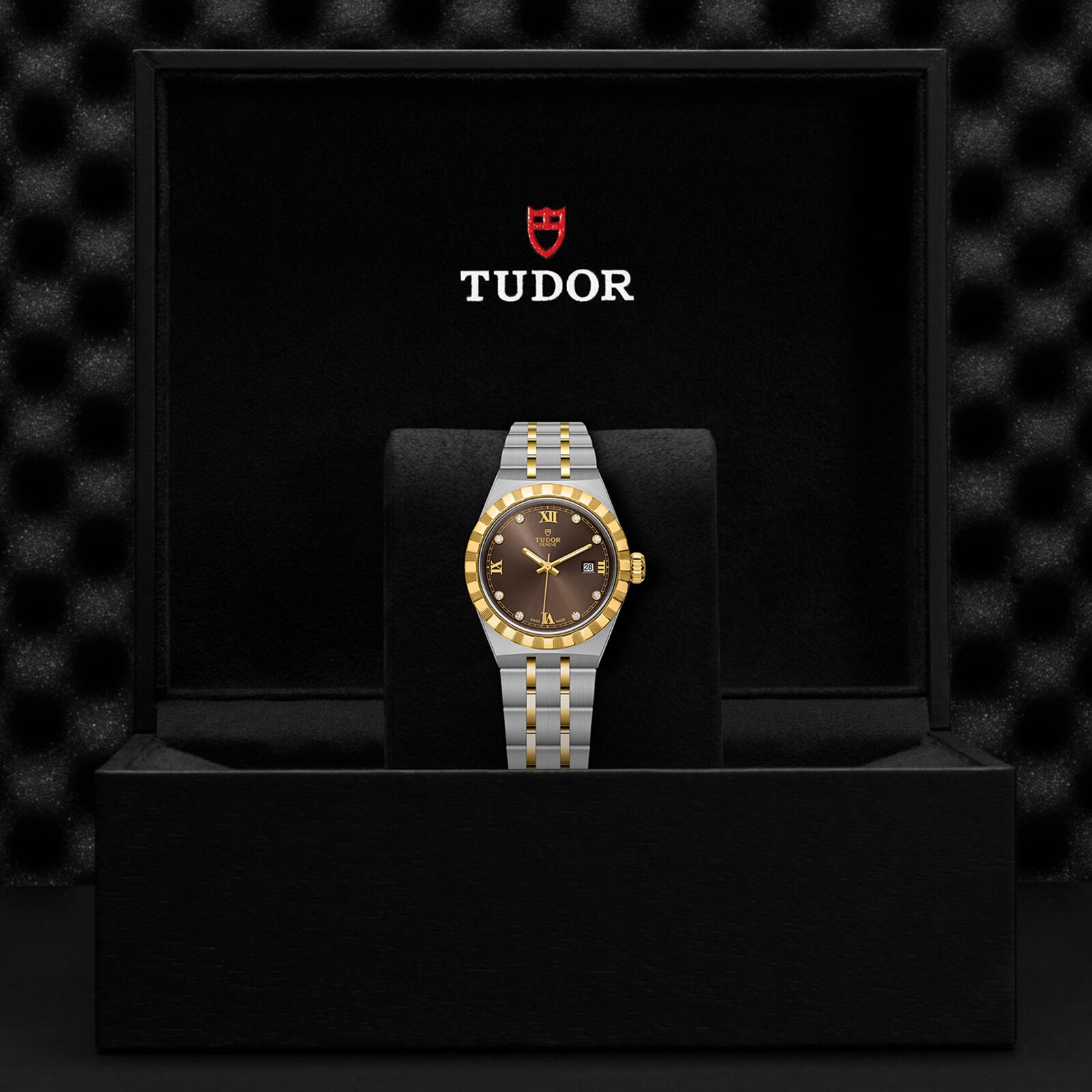 Replica Tudor Royal S G 28mm Steel Case Diamond-Set Brown Dial M28303-0009