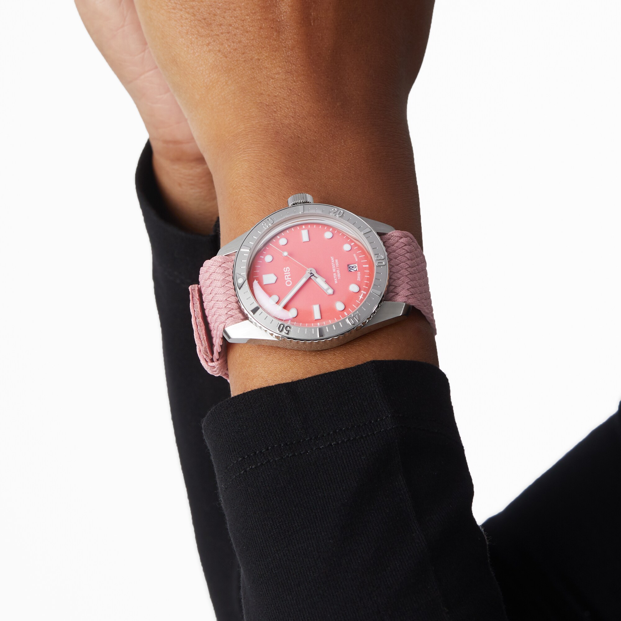 Replica Oris Divers Heritage 1965 38mm Unisex details Pink Fabric 01 733 7771 4058-07 3 19 04S
