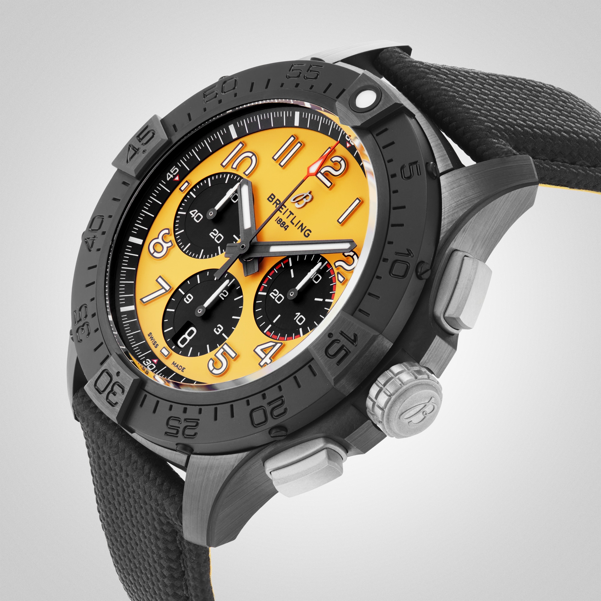 Replica Breitling Avenger B01 Chronograph 44mm Night Mission Mens details Yellow Black Leather SB0147101I1X2 4 Replica Breitling Avenger B01 Chronograph 44mm Night Mission Mens details Yellow Black Leather SB0147101I1X2