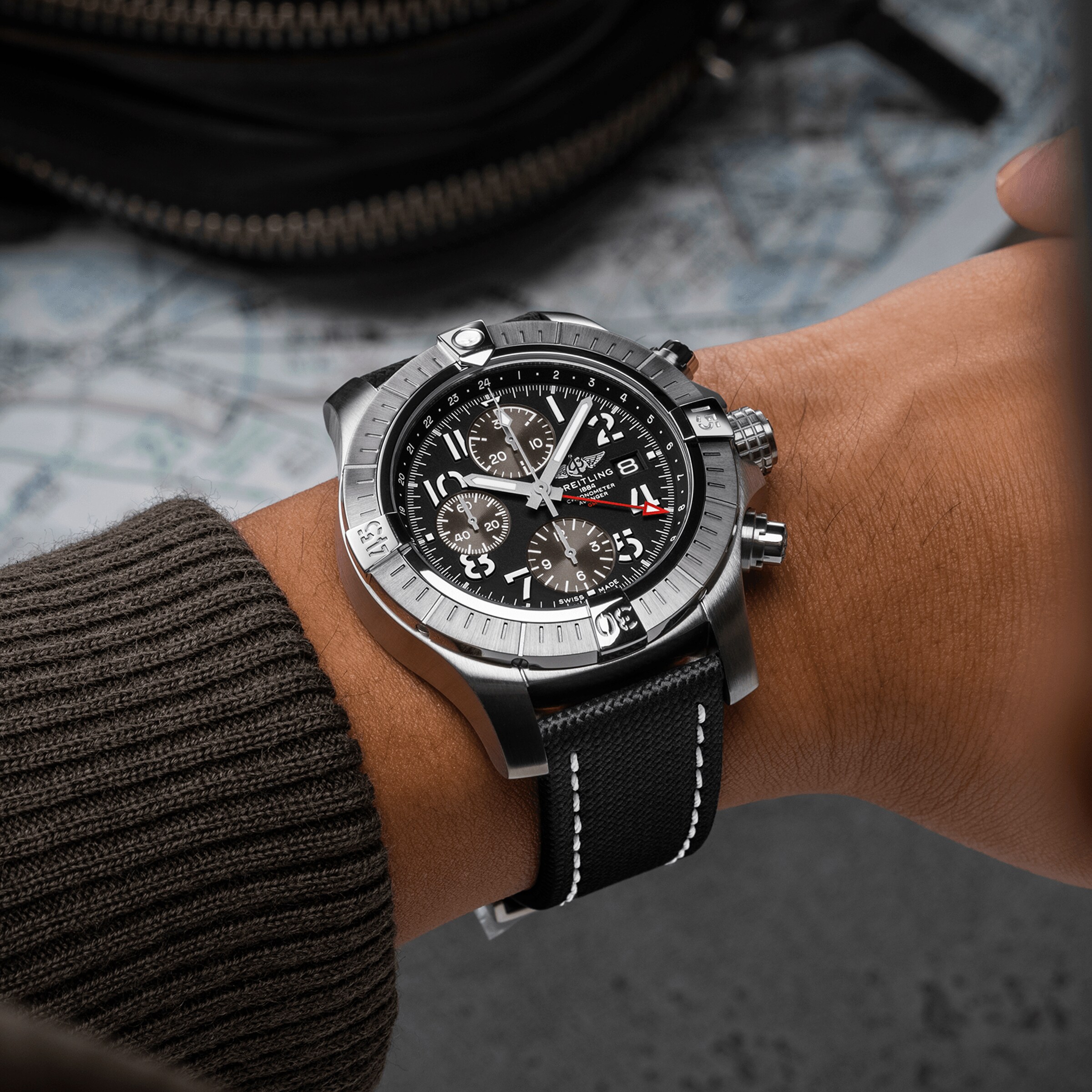 Replica Breitling Avenger Chronograph GMT 45 Stainless Steel Leather Strap details A24315101B1X2