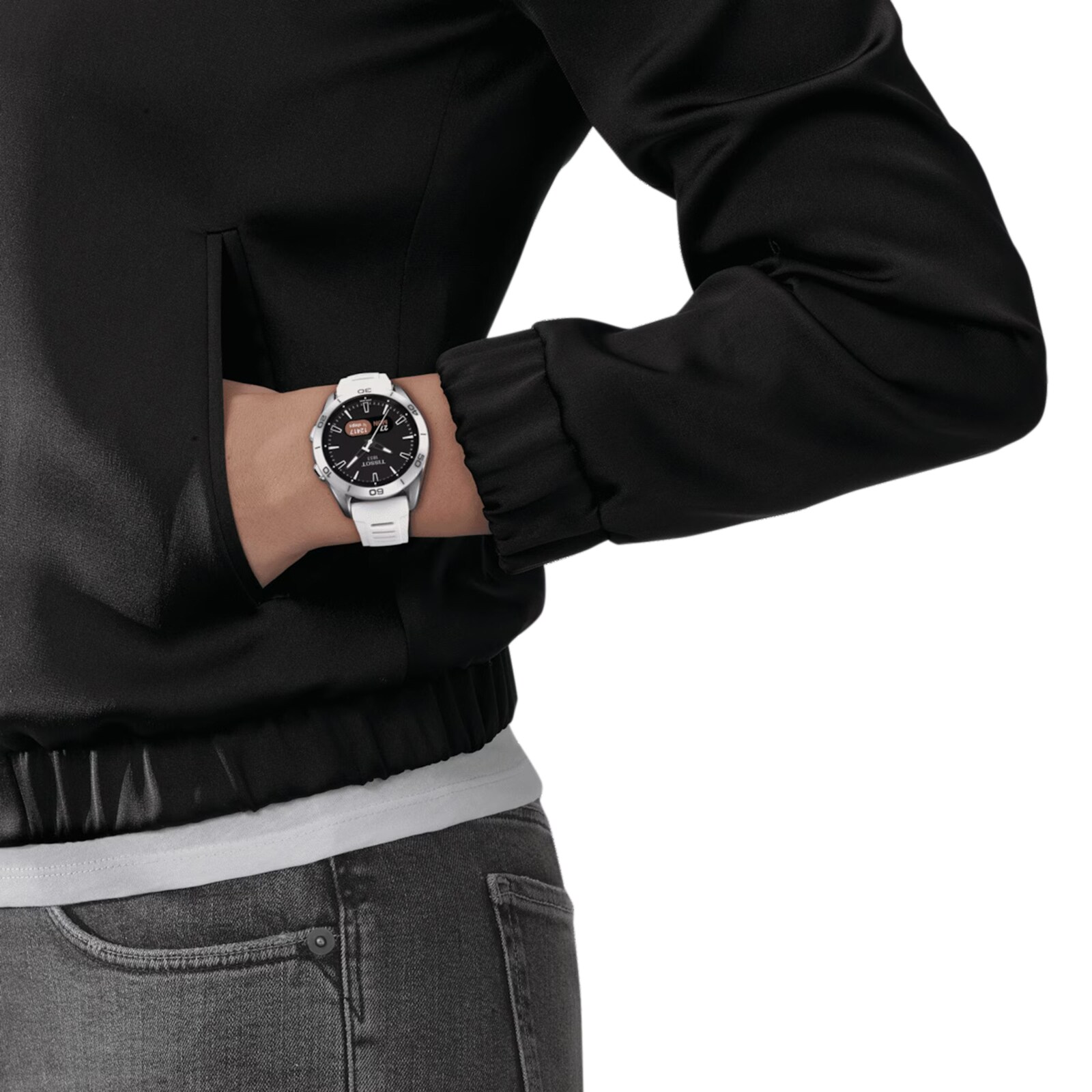 Replica Tissot T-Touch Connect Sport 44mm Unisex details Black With White Silicone Strap T1534204705103