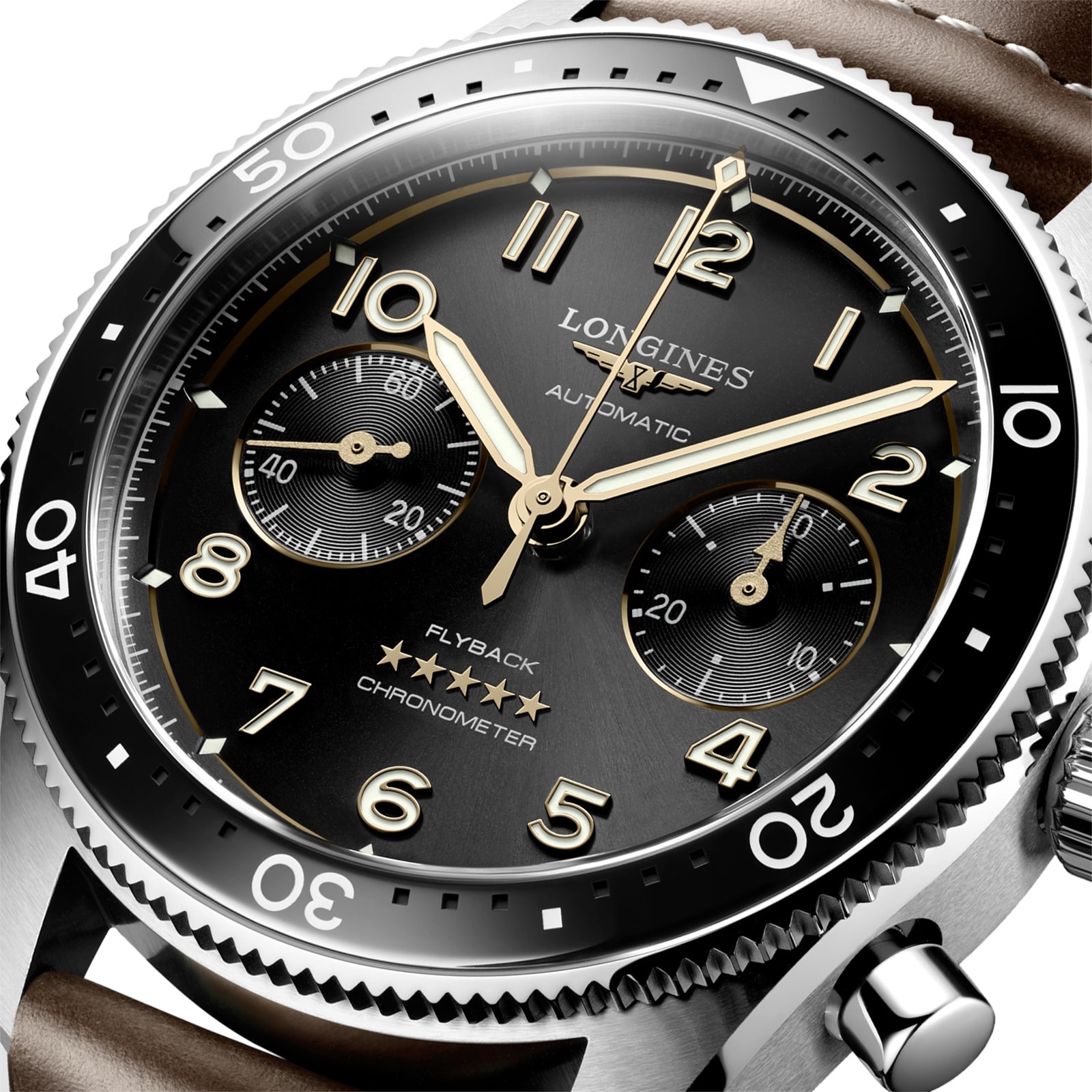 Replica Longines Spirit Flyback 42mm Steel Brown Leather Strap Black Sunray Dial L38214532