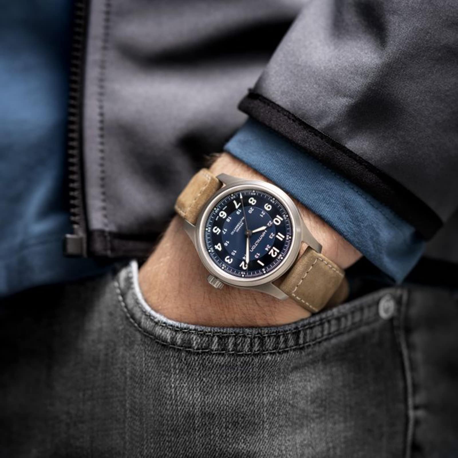 Replica Hamilton Khaki Field Titanium Blue Dial Brown Strap 42mm H70545540 5 Replica Hamilton Khaki Field Titanium Blue Dial Brown Strap 42mm H70545540